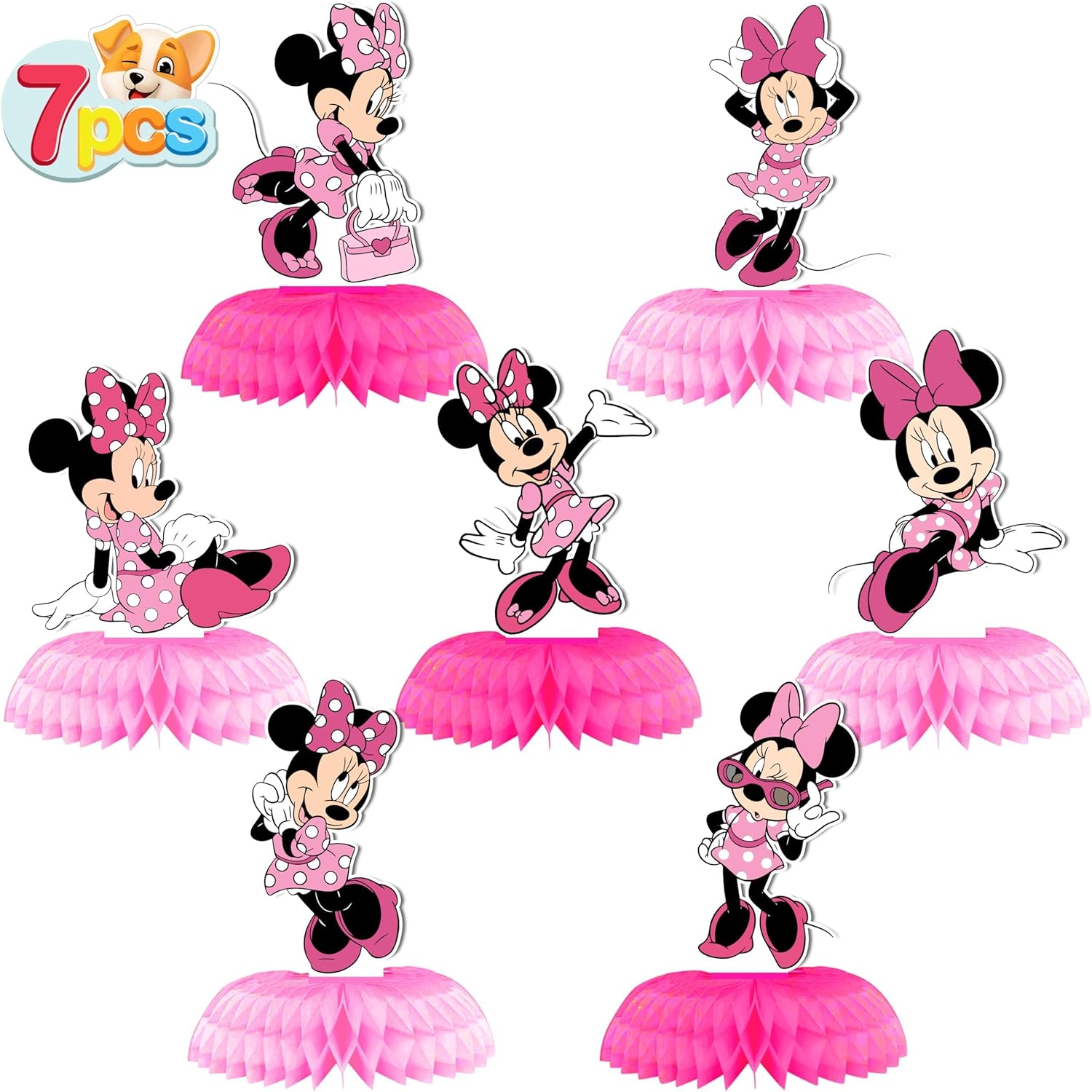 Minnie Birthday Party Supplies, 7Pcs Honeycomb Centerpieces for Mouse Party Decorations, Double Sided Table Decorations Centerpieces Party