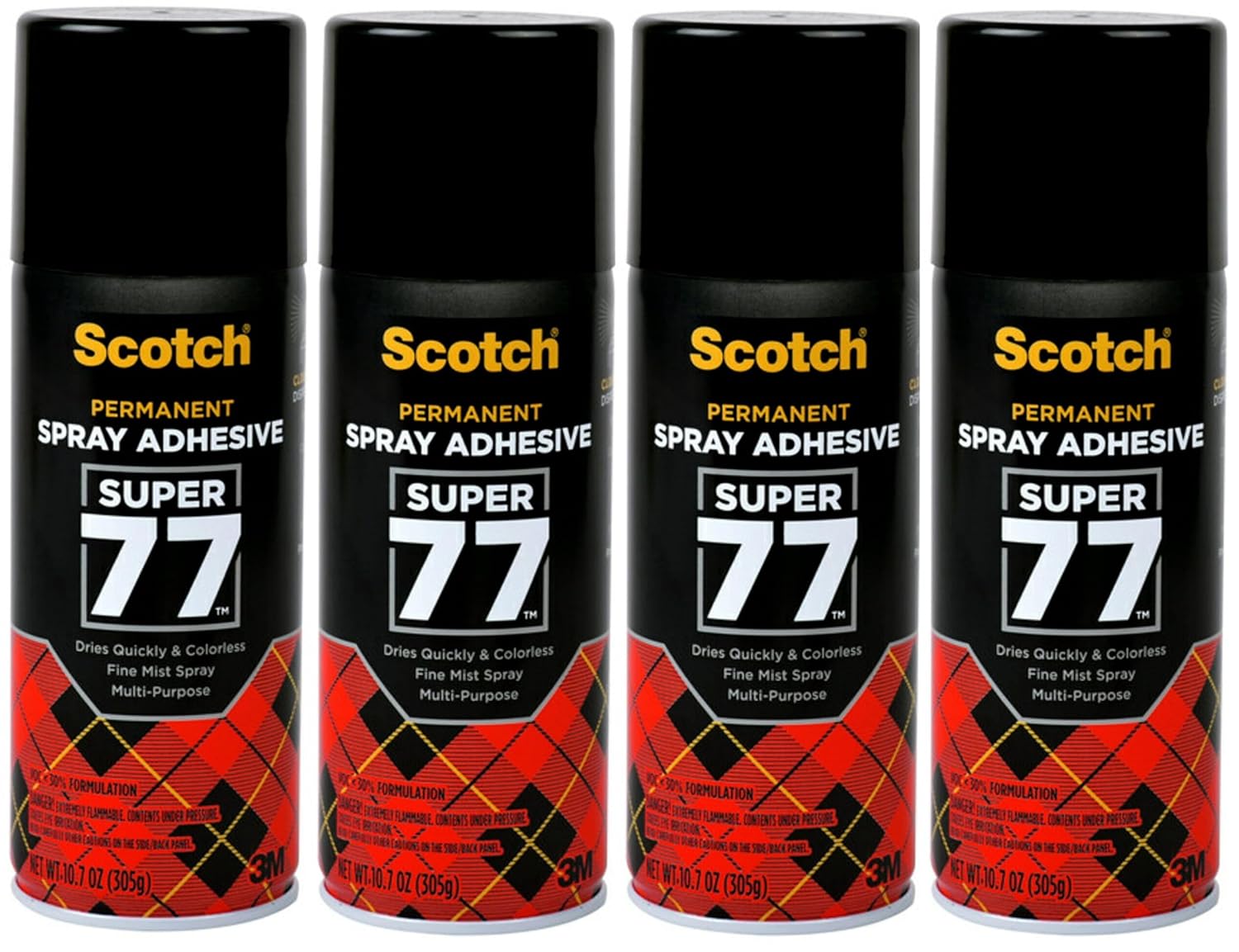 Scotch Super 77 Multipurpose Spray Adhesive, Strong Bond for Fabric, Plastic, Metal, Wood & More, 10.75 oz Cans, 4 Pack