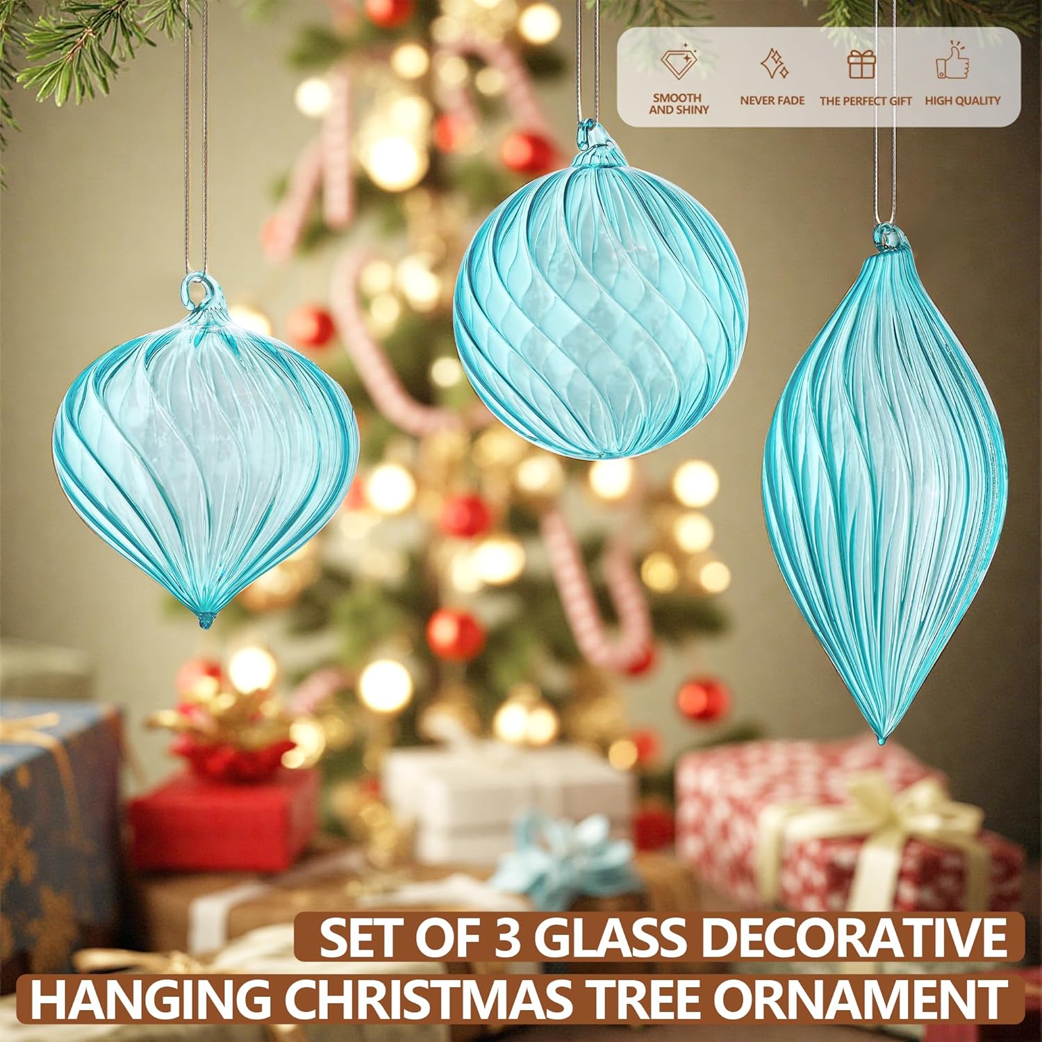 3 Pcs Hand Blown Glass Christmas Ornaments Hanging Baubles for Xmas Tree Decorations (Blue)