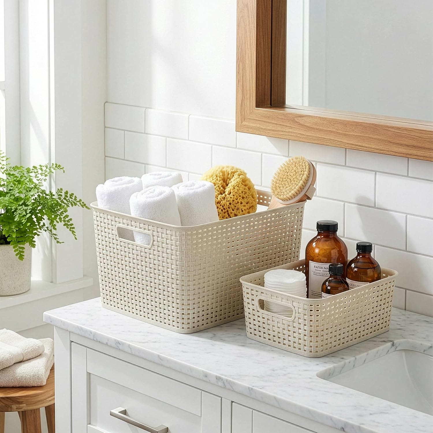 BINO | Plastic Storage Baskets, 33 Liter - 3 Pack, Natural | THE WOVEN COLLECTION | Storage Basket for Shelves | Woven Storage Baskets for Organizing Bins | Pantry Shelf Organizer | Container Bin