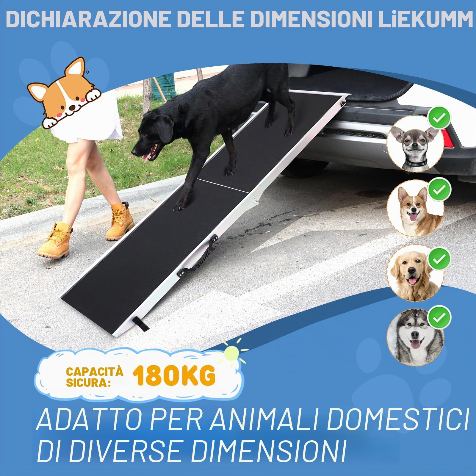 LIEKUMM Rampa per Cani, 184,5 cm Rampa auto cane pieghevole, Capacità 180KG Rampa da Auto per Animali in alluminio con superficie antiscivolo