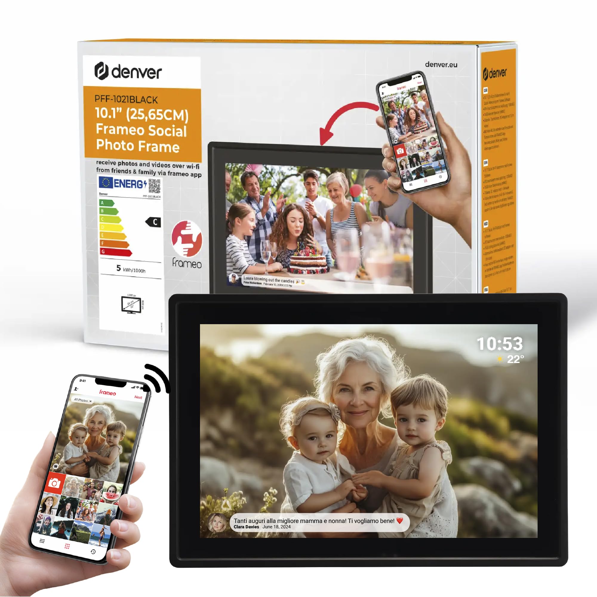 Cornice Digitale 10 Pollici WiFi – Schermo IPS HD 1280x800 – Portafoto Digitale Frameo Denver per Foto e Video – Cornice Elettronica Touchscreen Smart – 16GB Memoria – Slot microSD – Nera