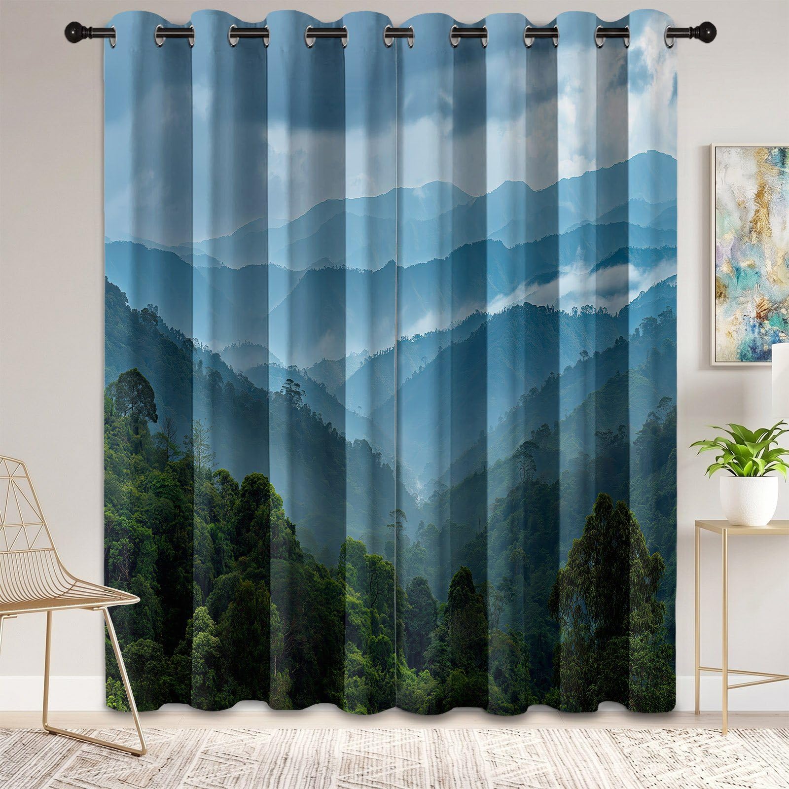 Naturalne zasłony zaciemniające z motywem krajobrazu do sypialni, salonu, 132 x 183 cm, izolacja termiczna, zasłony okienne, zasłony okienne, dekoracja domu, zielono-niebieskie