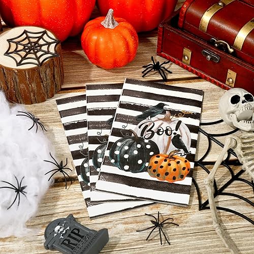 Miniatura 4 de AnyDesign - Servilleta de papel desechable de 3 capas para invitados de Halloween, toalla de mano con rayas de calabaza y cuervo, servilletas de