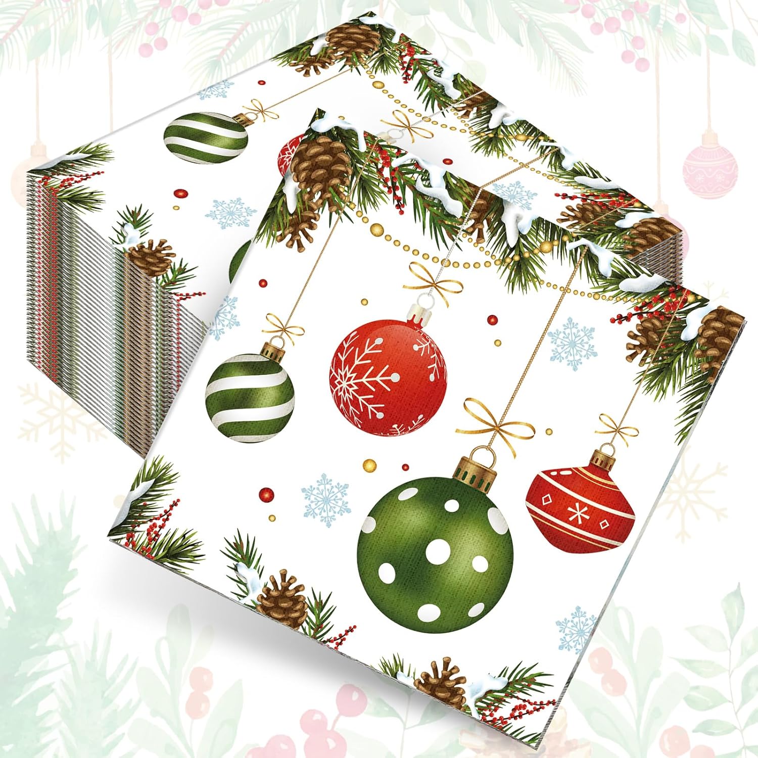 Kisston 200 Pcs Christmas Napkins Disposable Paper Christmas Ornament Pine Cone Design Napkins Guest Cocktail Beverage Dinner Hand Napkins Towel for Kitchen Holiday Xmas Decorative(5 x 5 Inch)