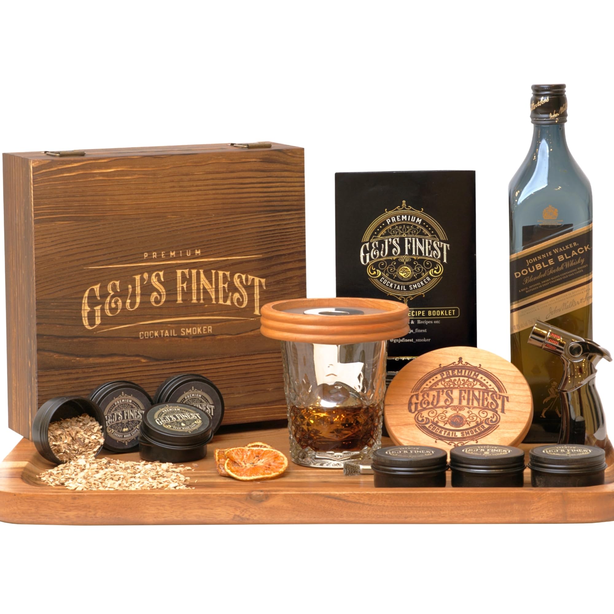 Old Fashioned Whiskey Smoker Kit with Quad Torch, Lid, Scorch Shield, 6 Chips & Case- for Smoked Bourbon Drink Infuser Cocktails (Cherry Wood & Torch, No Butane)