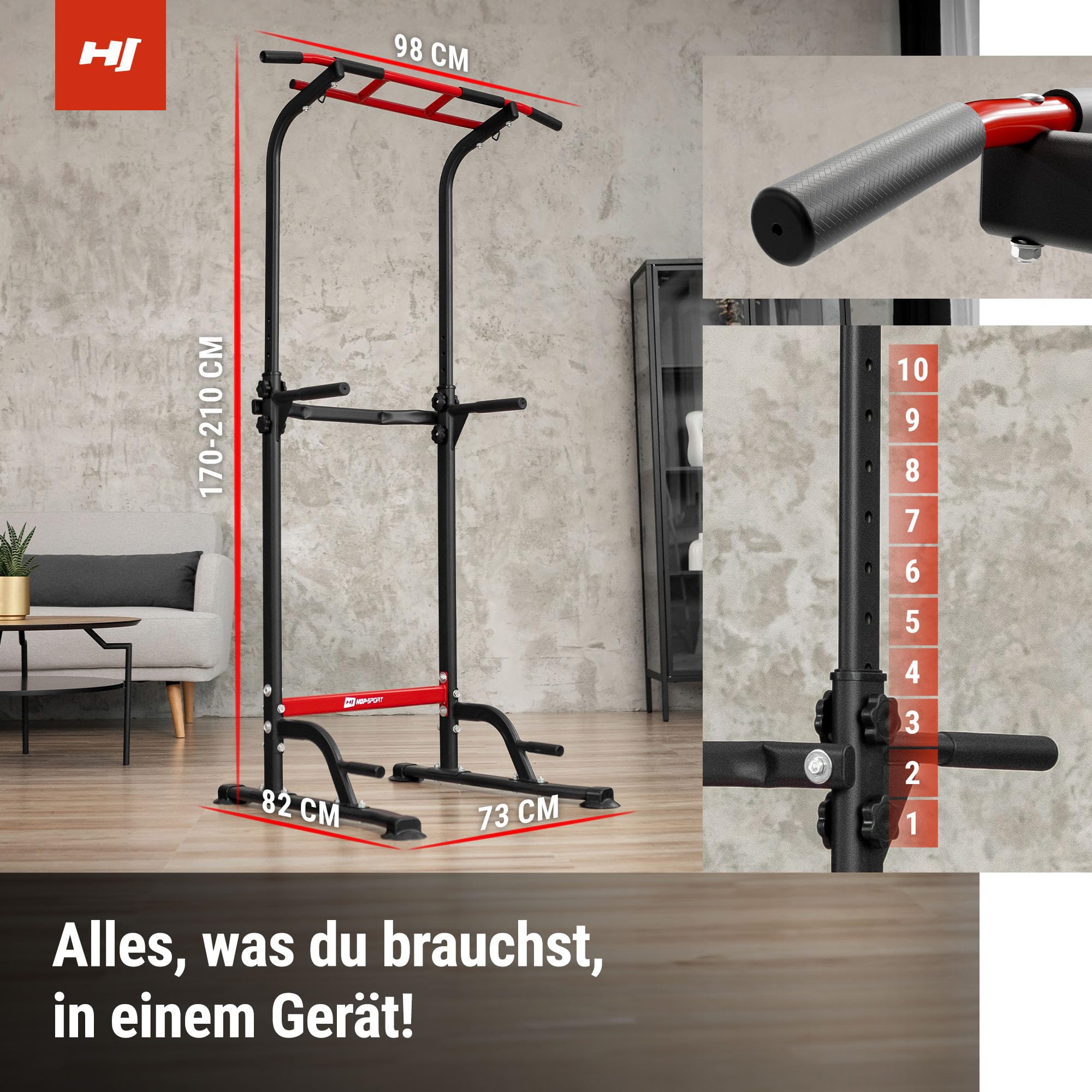 Hop-Sport Power Tower mit Multigriff Klimmzugstange, Dip-Stangen & Liegestützgriffe, Home Gym, Fitnessgerät für Zuhause, Calisthenics und Krafttraining, Freistehend, 150 kg Max. Belastbarkeit