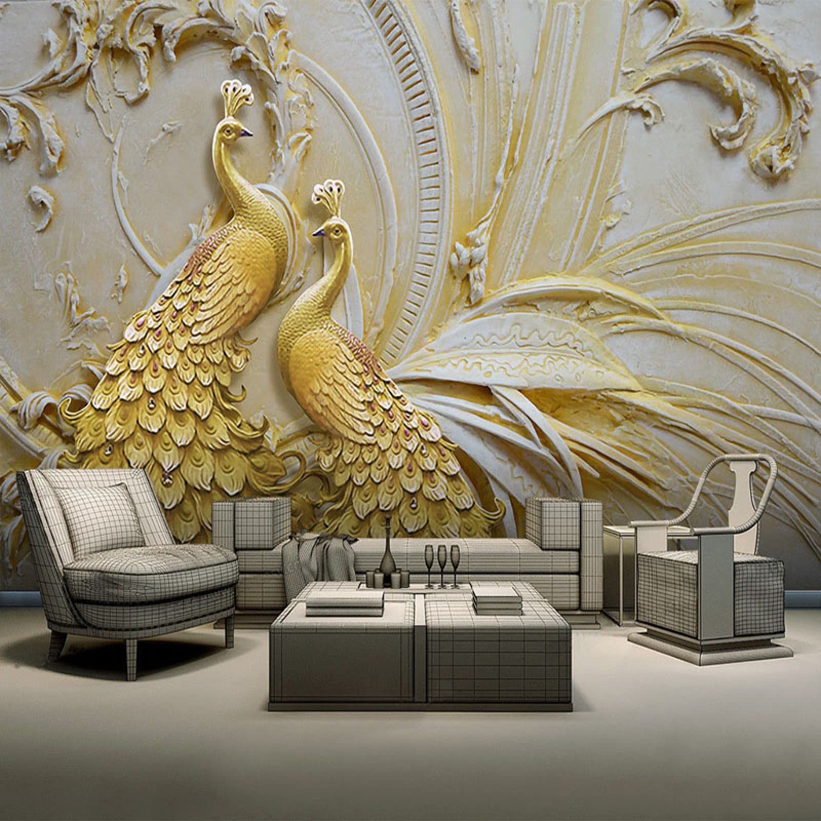 Mural 3d sala de estar papel tapiz estético alivio dorado pavo real dormitorio fondo decoración pared pegatina pared cartel de arte
