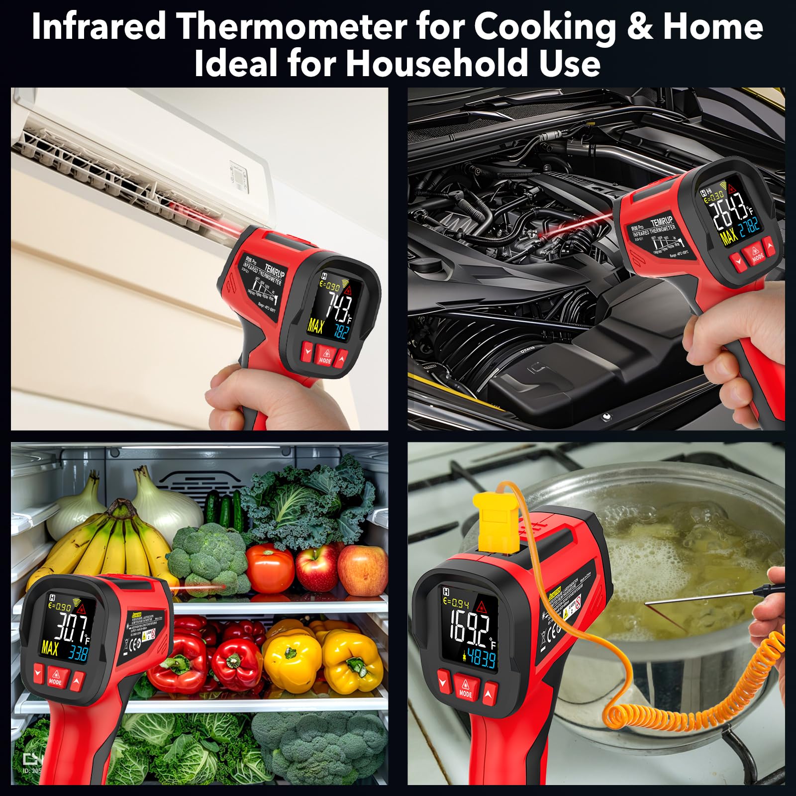 Pistola de temperatura con termómetro infrarrojo, -40.0 °C ~ 800.0 °C, pistola de temperatura láser digital con sonda para cocinar, hornos de pizza, planchas, carne, HVAC, pistola de