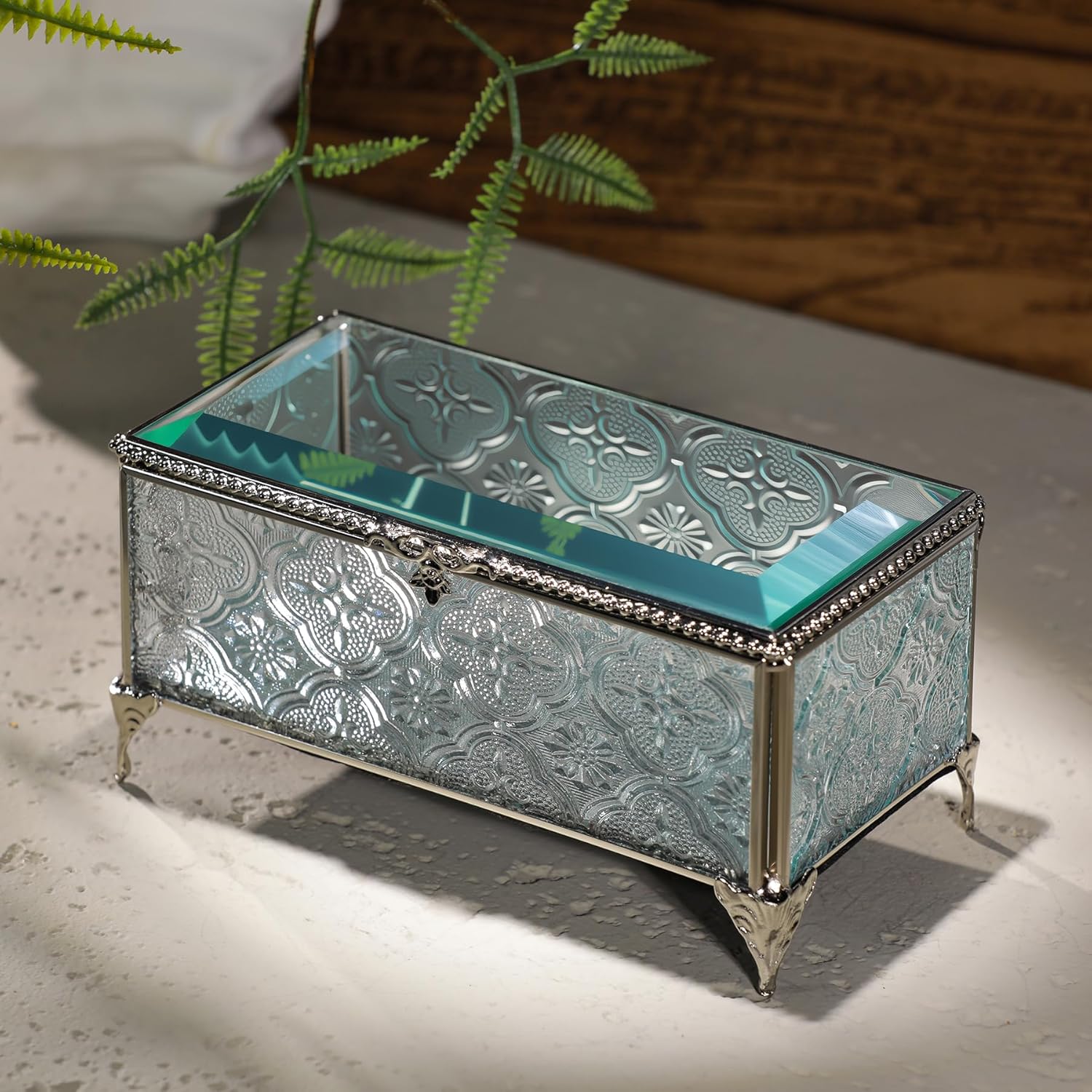 Glass Vintage Jewelry Box Keepsake storage Trinket Ring Display Box Home Decor Embossed Clear Glass Box Organizer(6.5x3.5x3.3Inches)