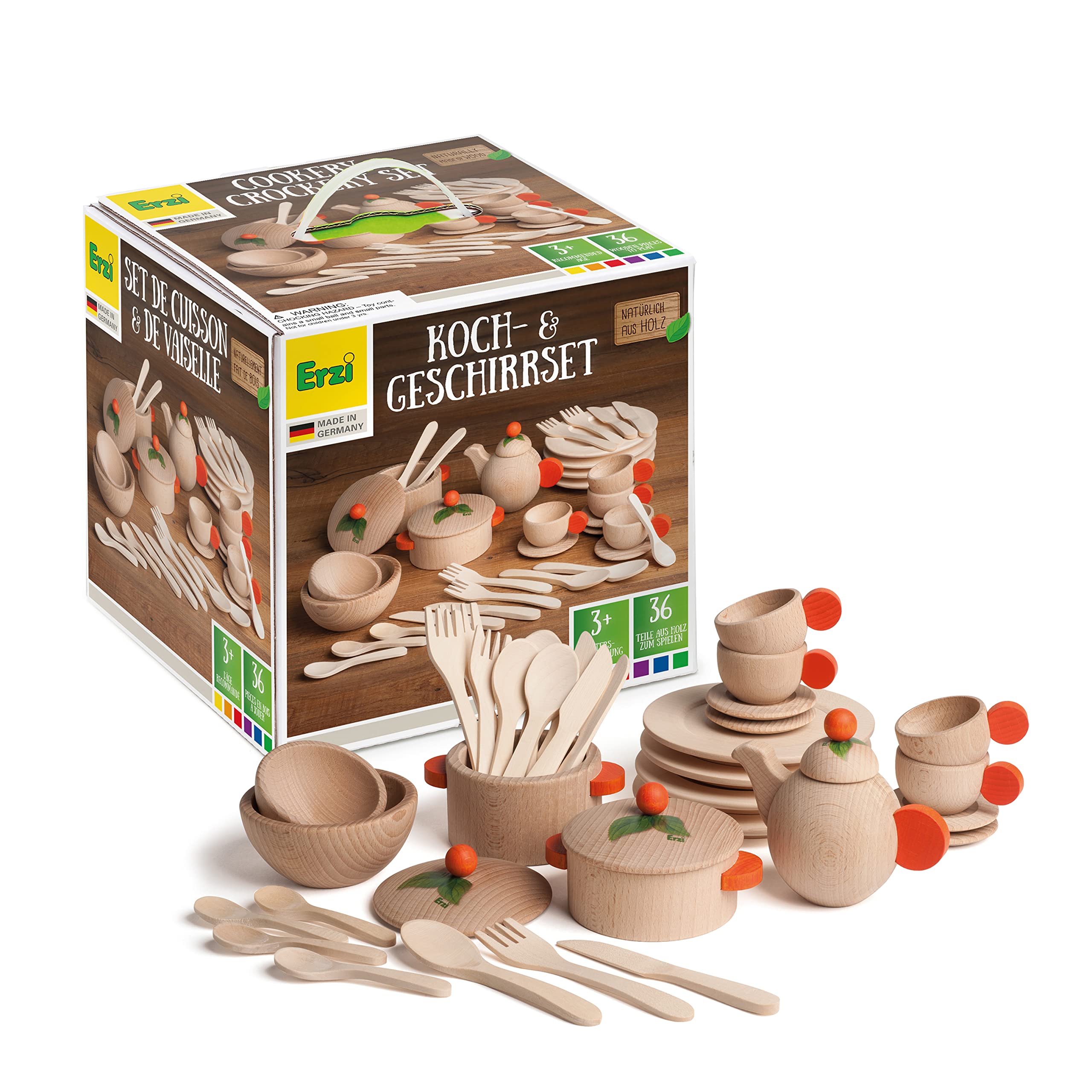 Erzi 10677 Koch- und Geschirrset Natur aus Holz, Kaufladenspielzeug | für Kinder, Kaufmannsladen, Rollenspiele, Kreative Spielwelten gestalten