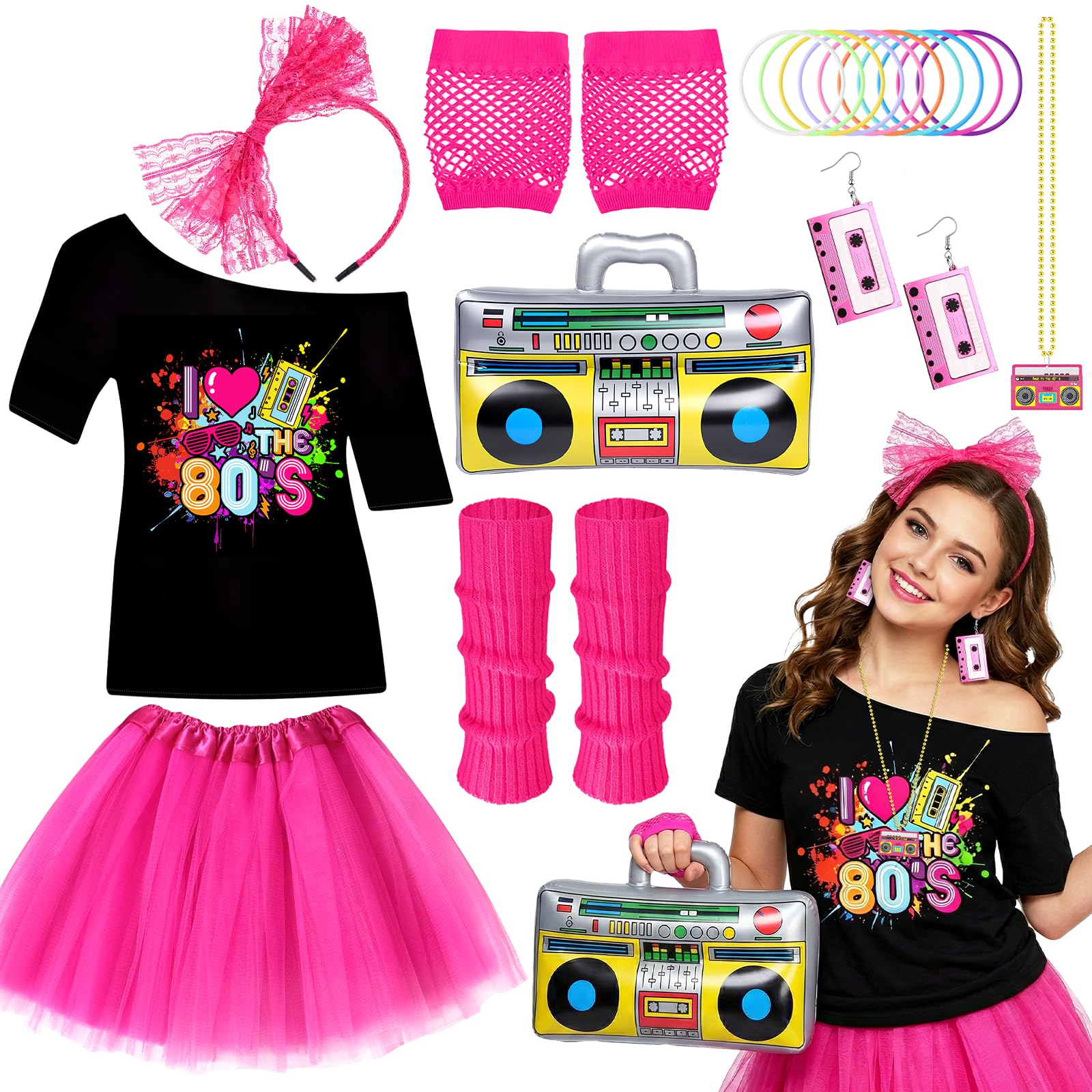Wynlora 9Pcs 80s Costume Accessories Set for Women, 1980s Fancy Dress Kit with T-Shirt Tutu Skirt Headband Earrings Necklace Bracelet Leg Warmers Fishnet Gloves for Retro Theme Party Cosplay