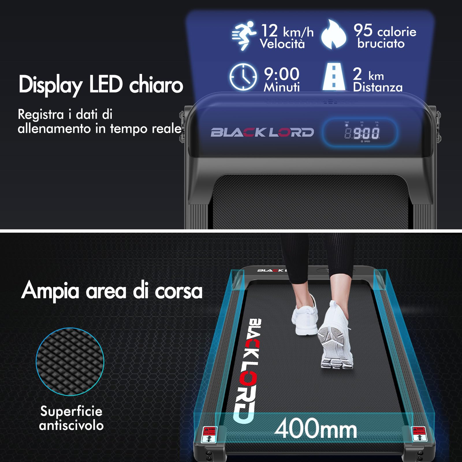BLACK LORD Tapis roulant, Walking pad 9/12/16 km/h, Tappetino da corsa con/senza inclinazione del 9%, Sotto la scrivania, Portatile, Silenzioso, Display LED, Controllo tramite App, 120/130/140 kg