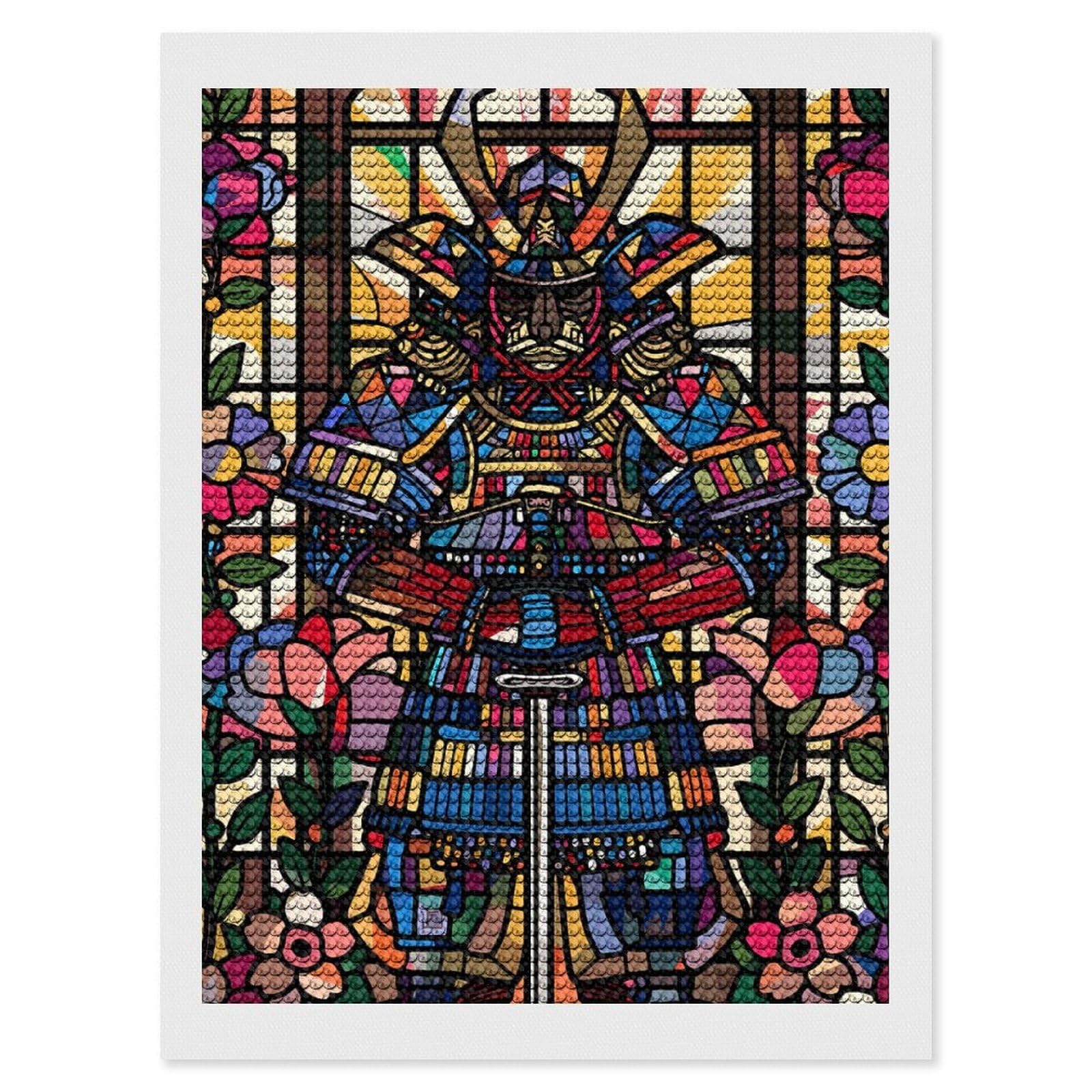 Junmoney Samurai in Stained Glass with Flowers DIY Diamond Art Canvas Kit 12"x16", for Teens, Aesthetic Room Decor, Farmhouse Decor, Canvas Picture, Birthday Gift