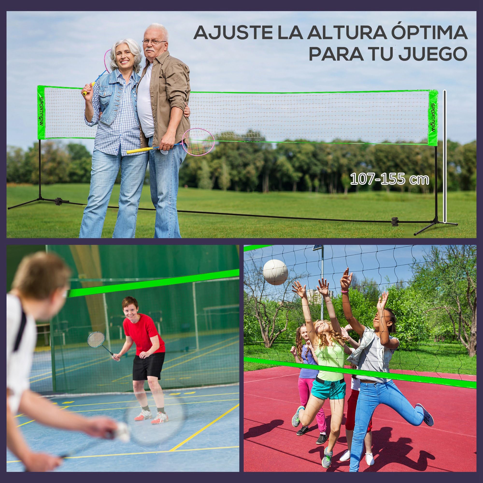 SPORTNOW Set de Bádminton 7 Piezas con 2 Raquetas, 3 Volantes, 2 Raquetas de Pickleball, 2 Pelotas y Red Negro y Verde