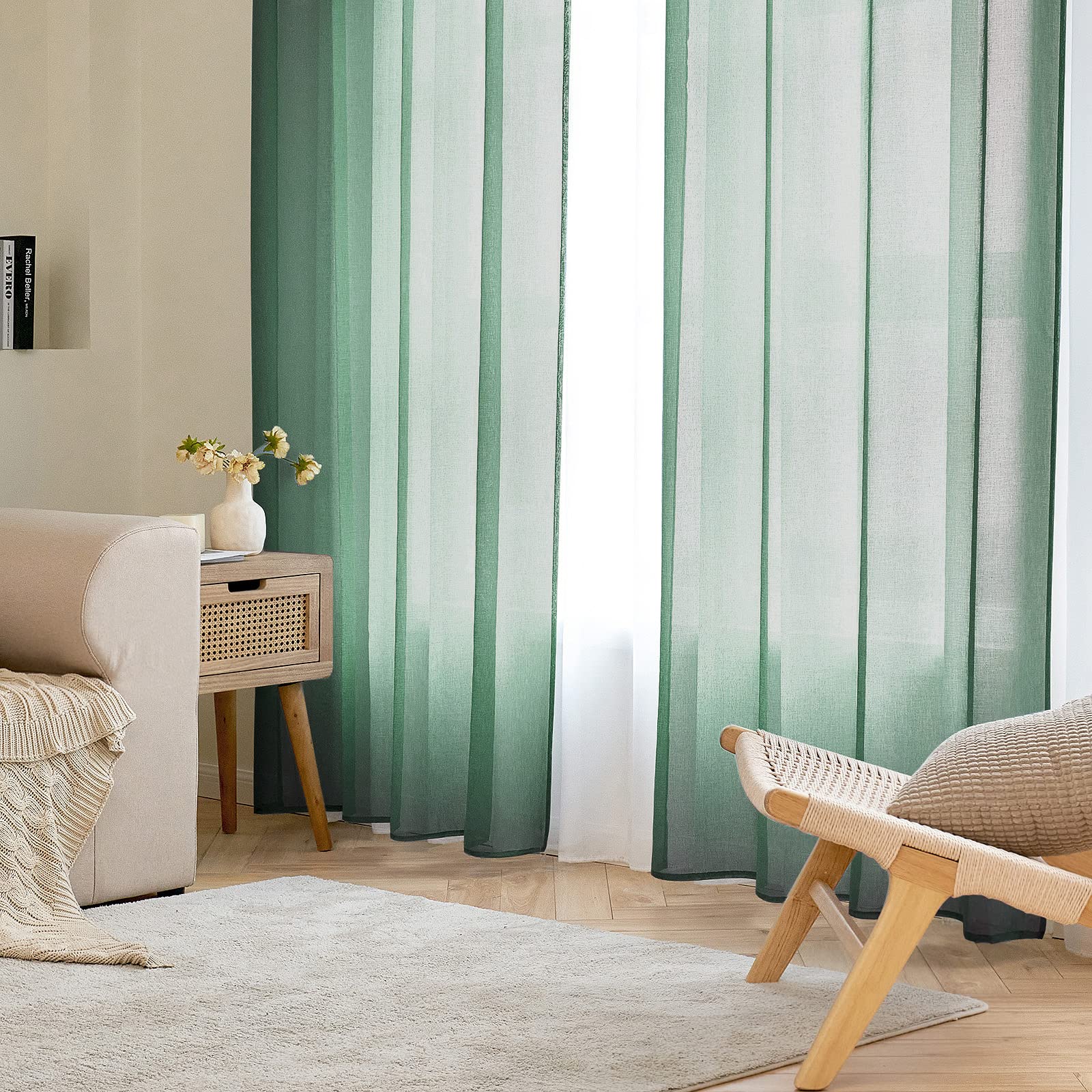 EMEMA 2 Panels Transparent Voile Curtains with Soft Eyelets Windows for Bedroom and Living Room Elegant Living Room 140 x 225 cm Dark Green - Image 2