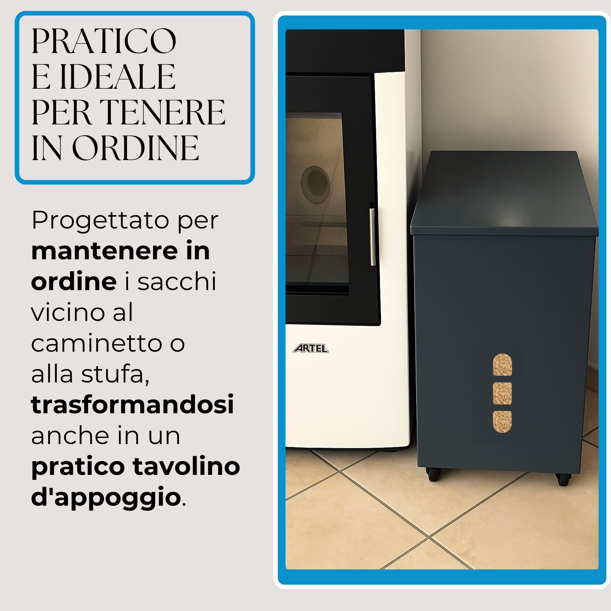 FLOMAR - Porta Pellet da Interno con Ruote - Contenitore in Metallo Verniciato a Fuoco Grigio