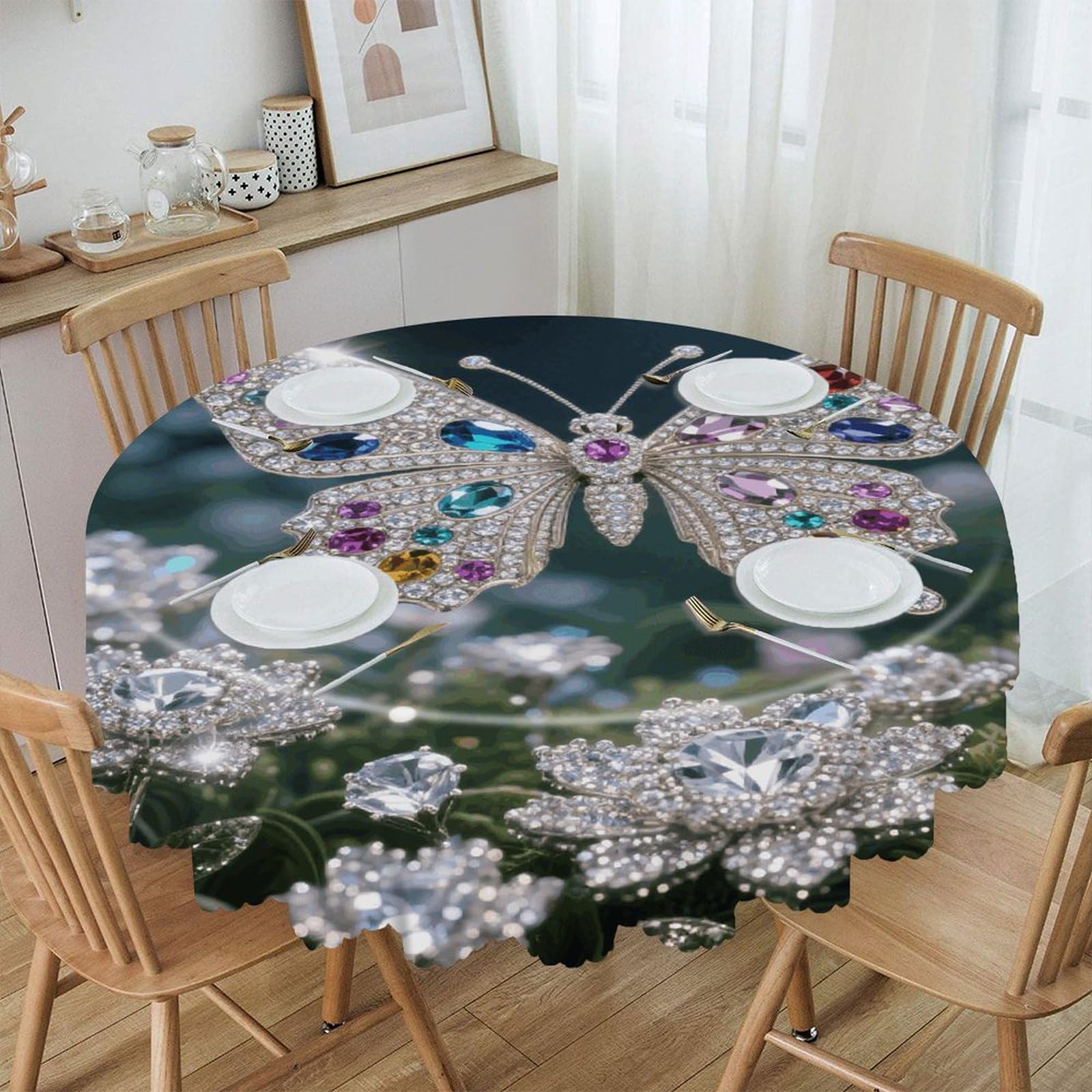 VstaDank Jewel - Butterfly Round Tablecloth Wipeable Round Polyester Tablecloth Waterproof Wrinkle Free Indoor and Outdoor Table Cover 60 Inch Decorative Farmhouse Table Cloth for Dining