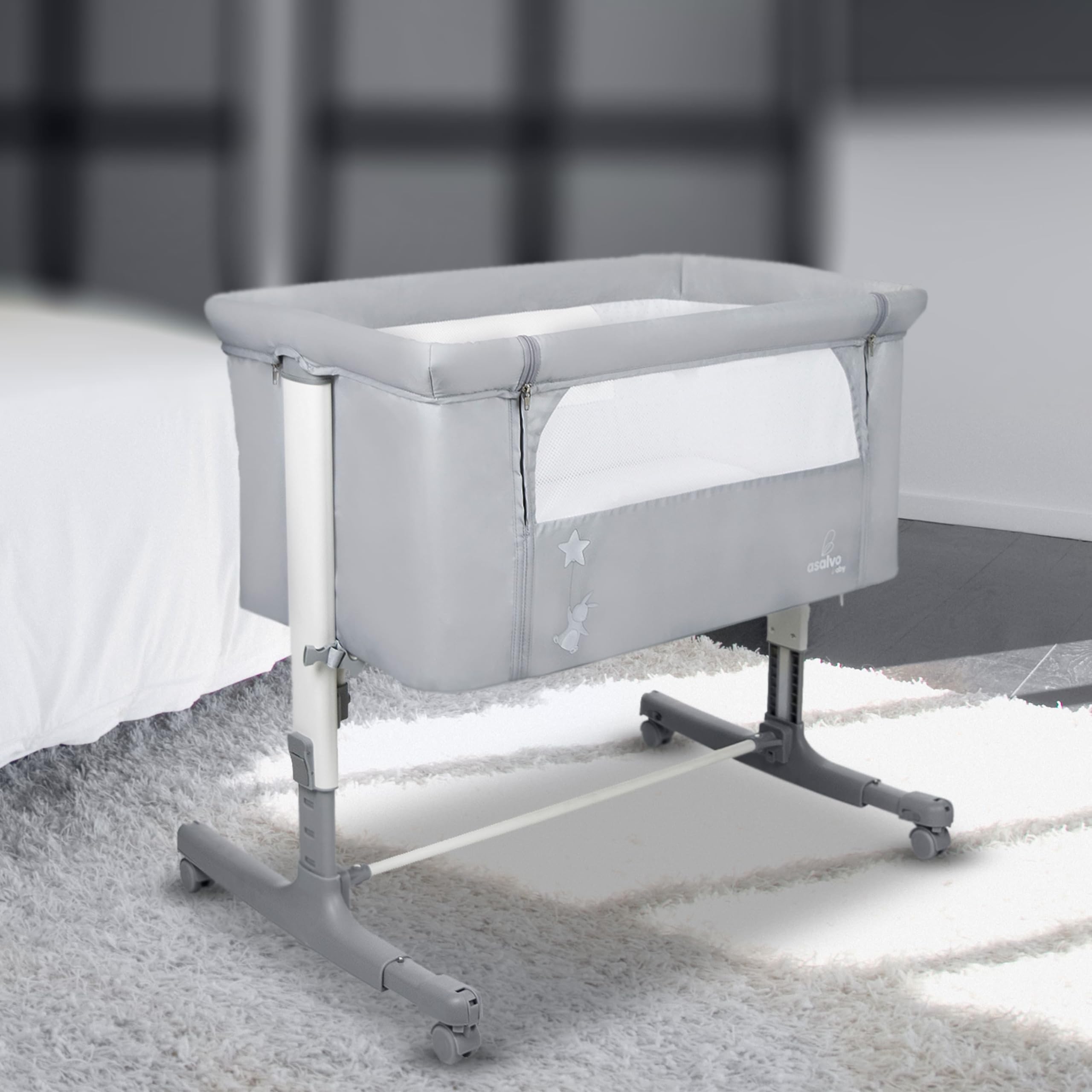 Asalvo Calm Minicuna para Bebé con Sistema de Fijación a la Cama, Colchón con Funda, Altura Ajustable y Laterales Ventilados, Minicuna Colecho Dormir Cerca del Bebé, Desde 0 Meses hasta 9 kg, Gris