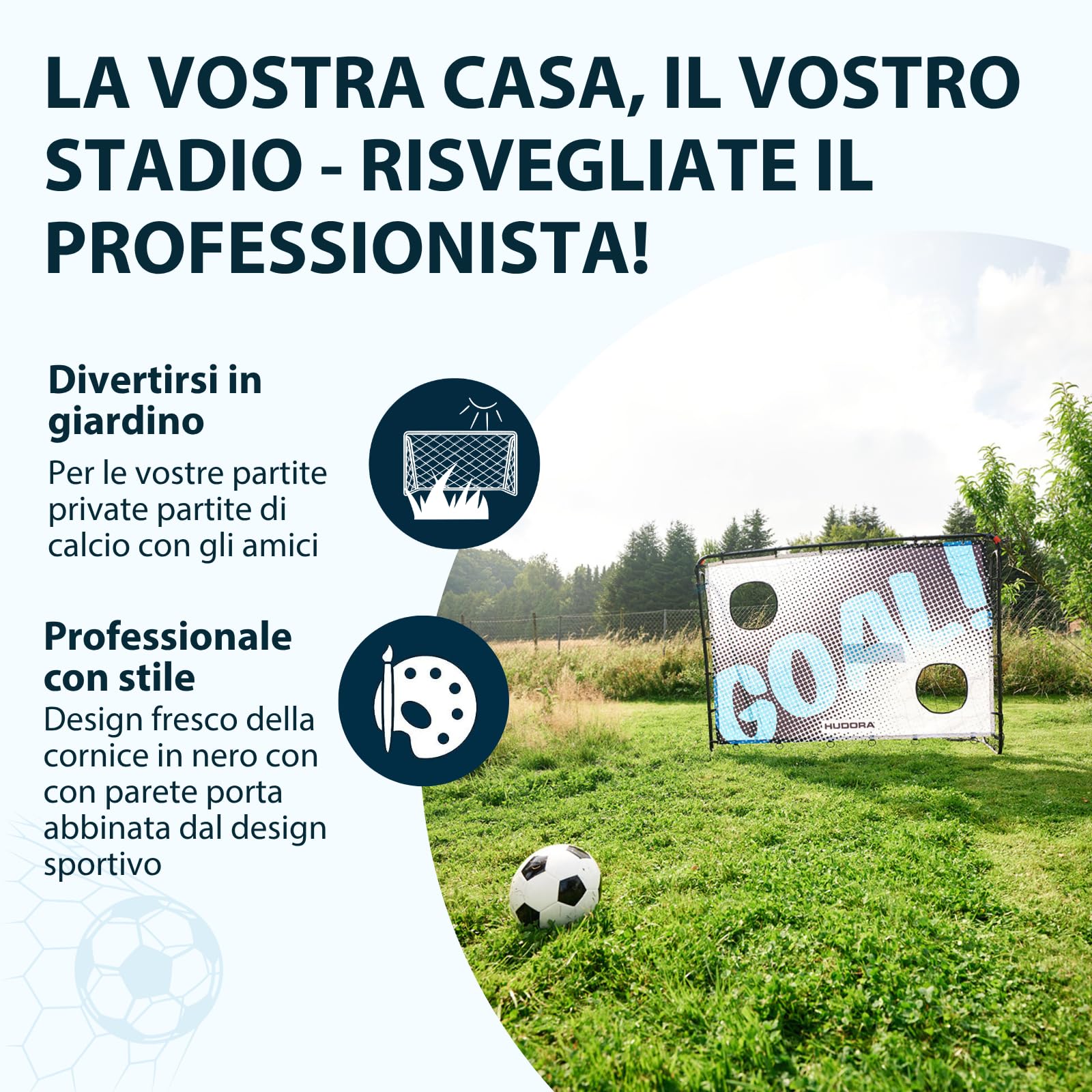 HUDORA Porta da calcio Trainer con parete per goal - porta robusta da esterno per bambini e adulti - con due fori bersaglio rinforzati - Porta impermeabile per training e divertimento - goal