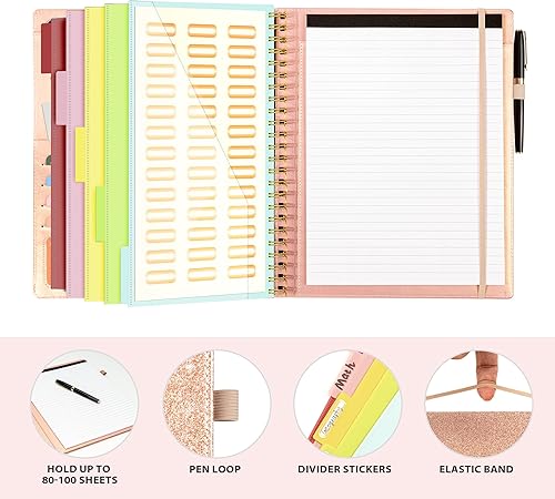 Miniatura 5 de Portapapeles de cuero en espiral de oro rosa con almacenamiento para mujeres, cartera de 5 carpetas con 10 bolsillos, carpeta organizadora plegable