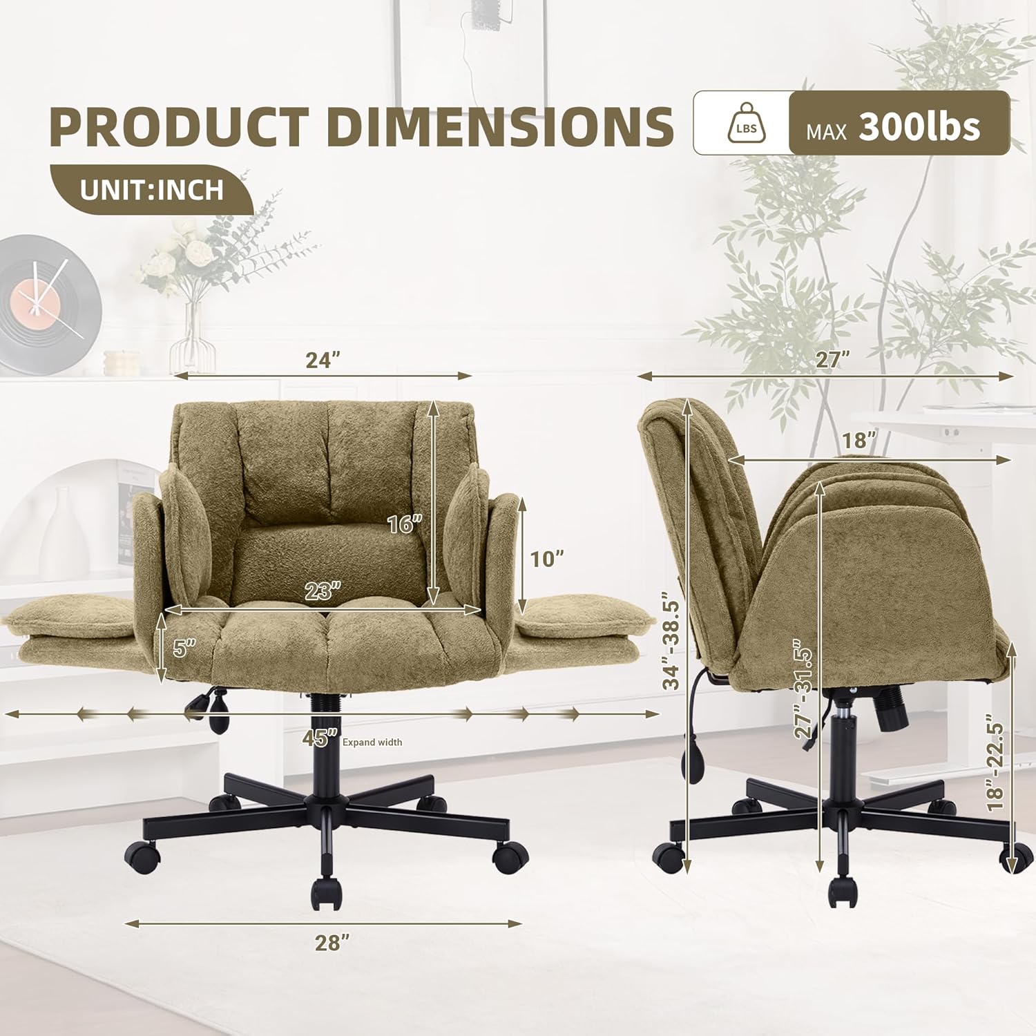 Criss Cross Chair with Wheels & Outward-Folding Arms, Cross Legged Office Chair, Built-in Dynamic Airbag Lumbar Support, Wide Seat Desk Chairs for Home Office, Apartment, Vanity, Light Green