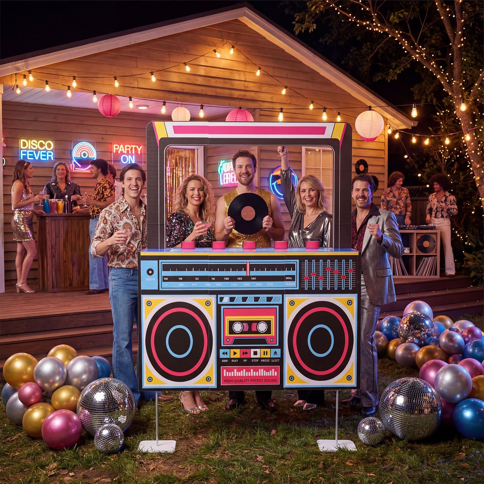 Pasimy 1,5 m Neon Boombox Photo Booth Puntelli anni '90 Retro Radio Speaker Selfie Frame Sfondo Cartone per 80s 90s Hip Hop Musica Tema Decorazione Festa di Compleanno Anni '80 Disco Rock Party