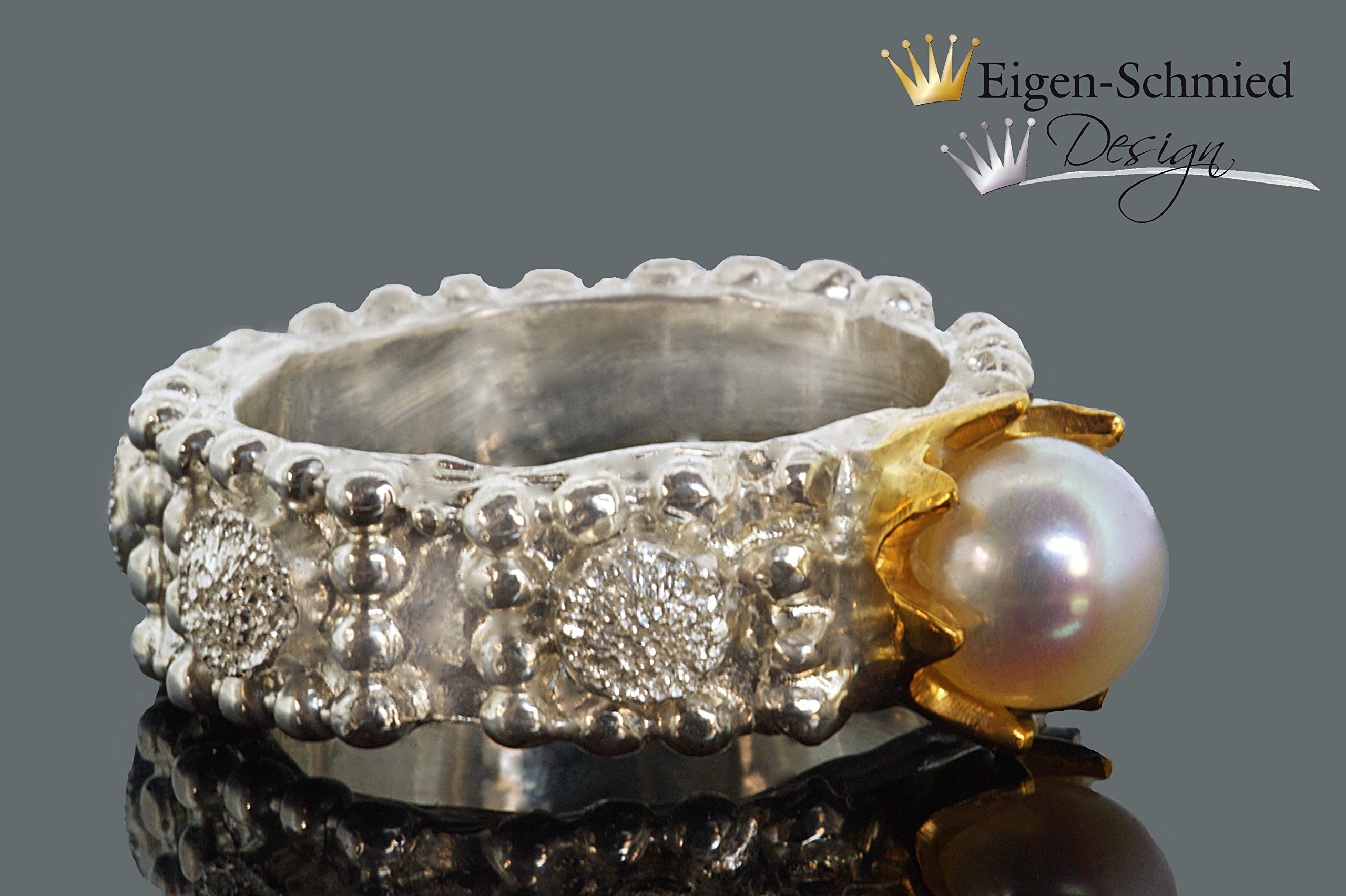 Goldschmiede Silberring Mosaik mit Perle, Ring Silber, Krone, Perlenring, handgefertigt, Unikat, Damenring, Silberschmuck, Valentinstag