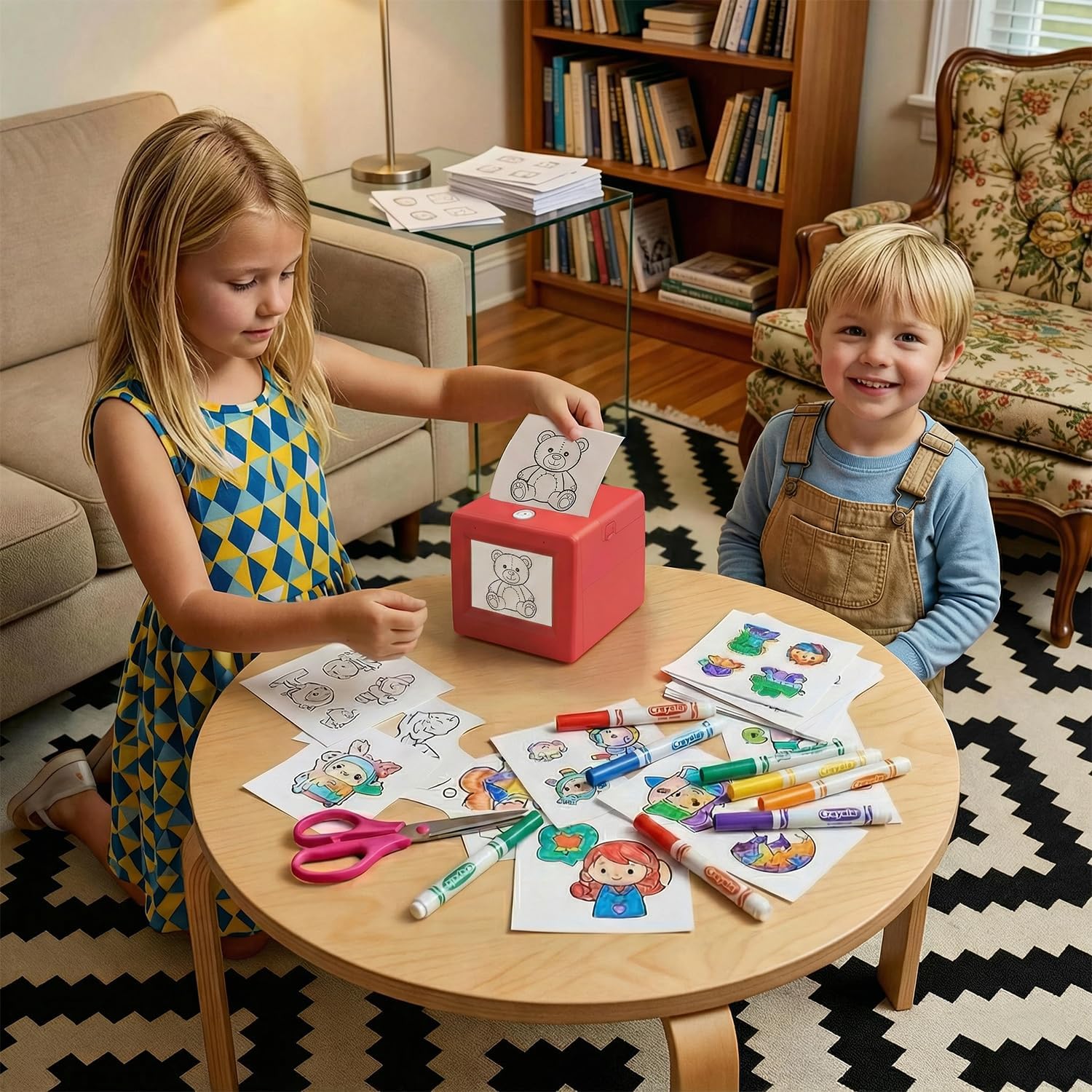 AI Sticker Printer for Kids, Portable Sticker Maker with Voice-to-Image Generation, Instant Thermal Printing, Creative Toy Kit with 3 Paper Rolls and Coloring Pens