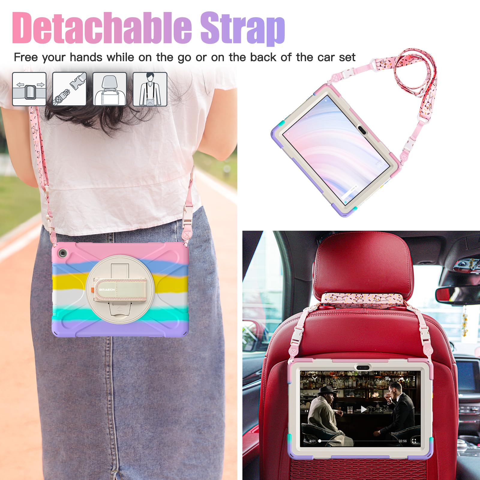 BRAECNstock Custodia per bambini per tablet Amazon Fire HD 10 di 13a generazione 2023, custodia protettiva antiurto per Kindle Fire HD 10 con pellicola protettiva, cinghia da polso girevole+supporto,