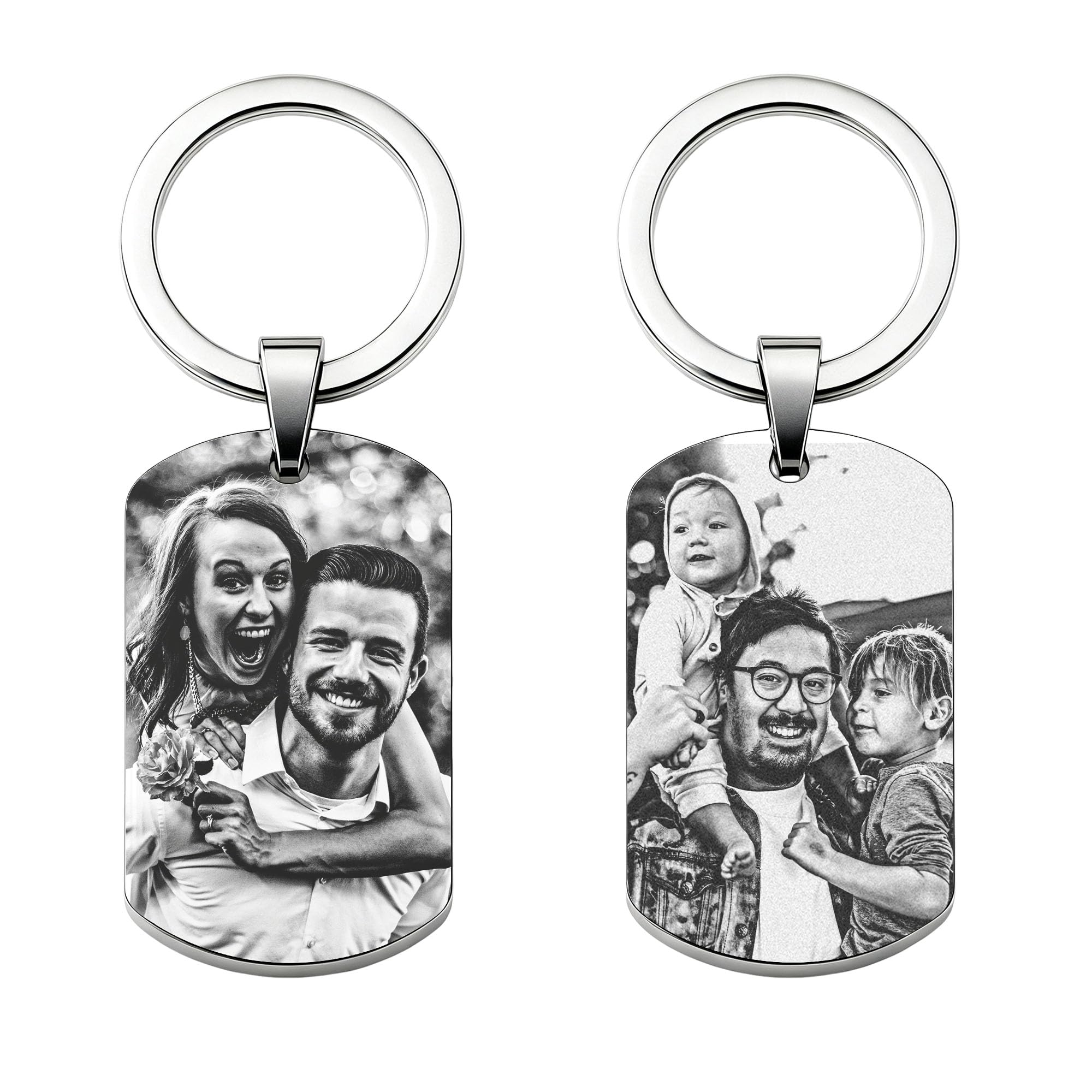 Gutegifts Unisex Silver Personalized Photo Keychain | Custom Double Side Engraved Stainless Steel Dog Tag Keyring | Gift For Dad Mum Husband Wife | Birthday Anniversary Christmas Keepsake