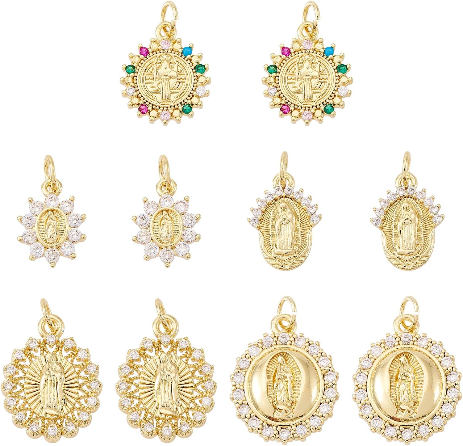 Cheriswelry 10Pcs 18K Gold Brass Virgin Mary Miraculous Pendants Cubic Zirconia Mother Mary Oval Charms 13-19.5mm for Necklace Earring Bracelet Jewelry Making