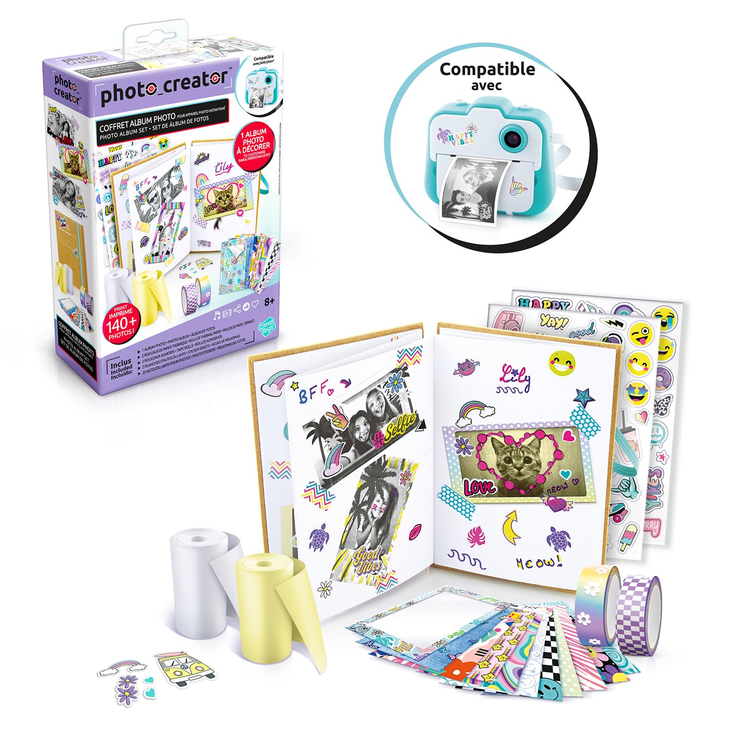Canal Toys - Caja de álbum para cámara de impresión instantánea compatible con creador, 2 rollos de papel, 2 tablas de pegatinas y 20 marcos de fotos adhesivos 007-Canal Toys, CLK 007, multicolor