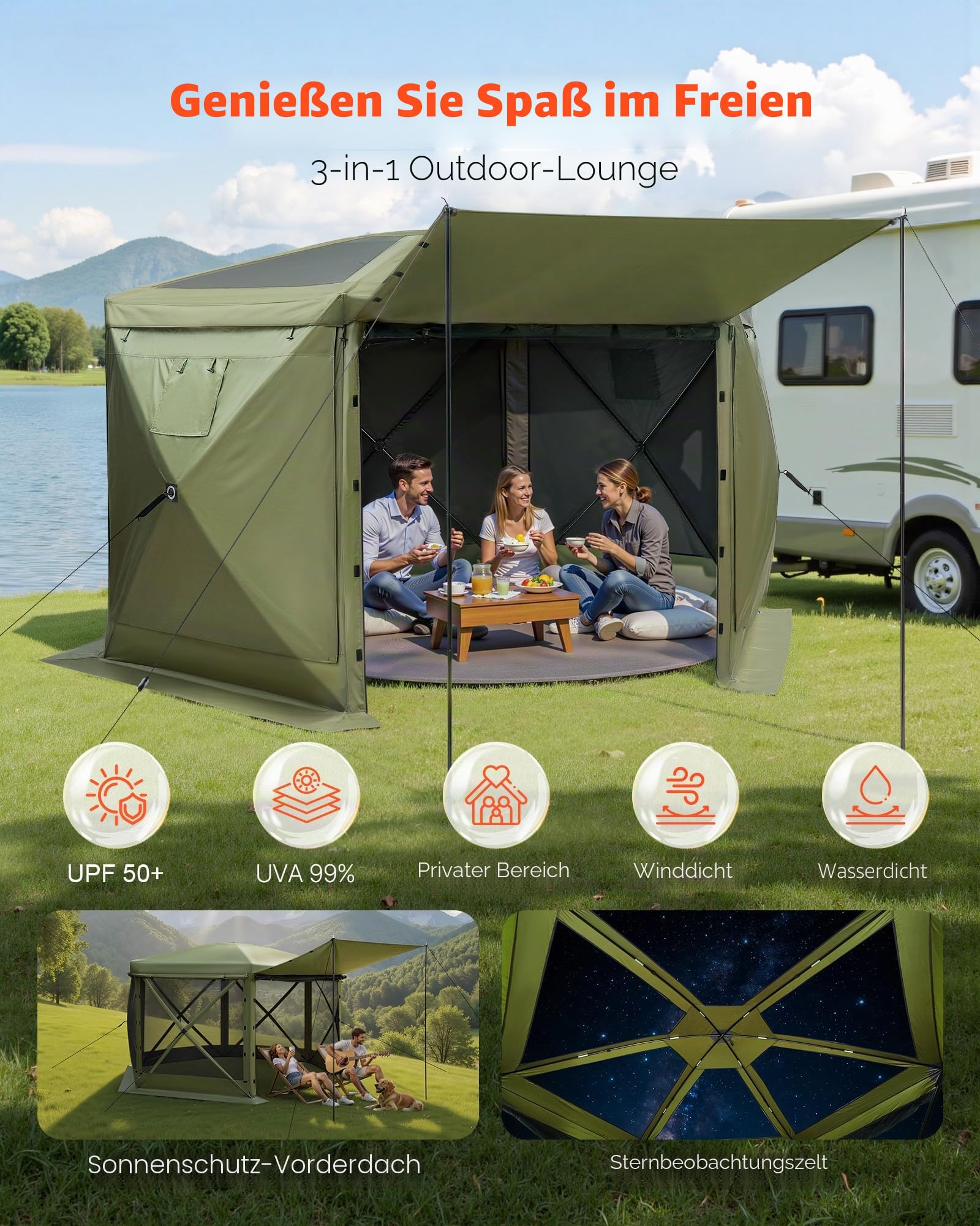VEVOR Pop-up-Pavillon, 3,6x3,6 m, großes 6-seitiges Campingzelt mit abnehmbarem Dach & Tragetasche, Partyzelt, Sonnenschutz für 8-10 Personen, für Garten & Terrasse, Grün