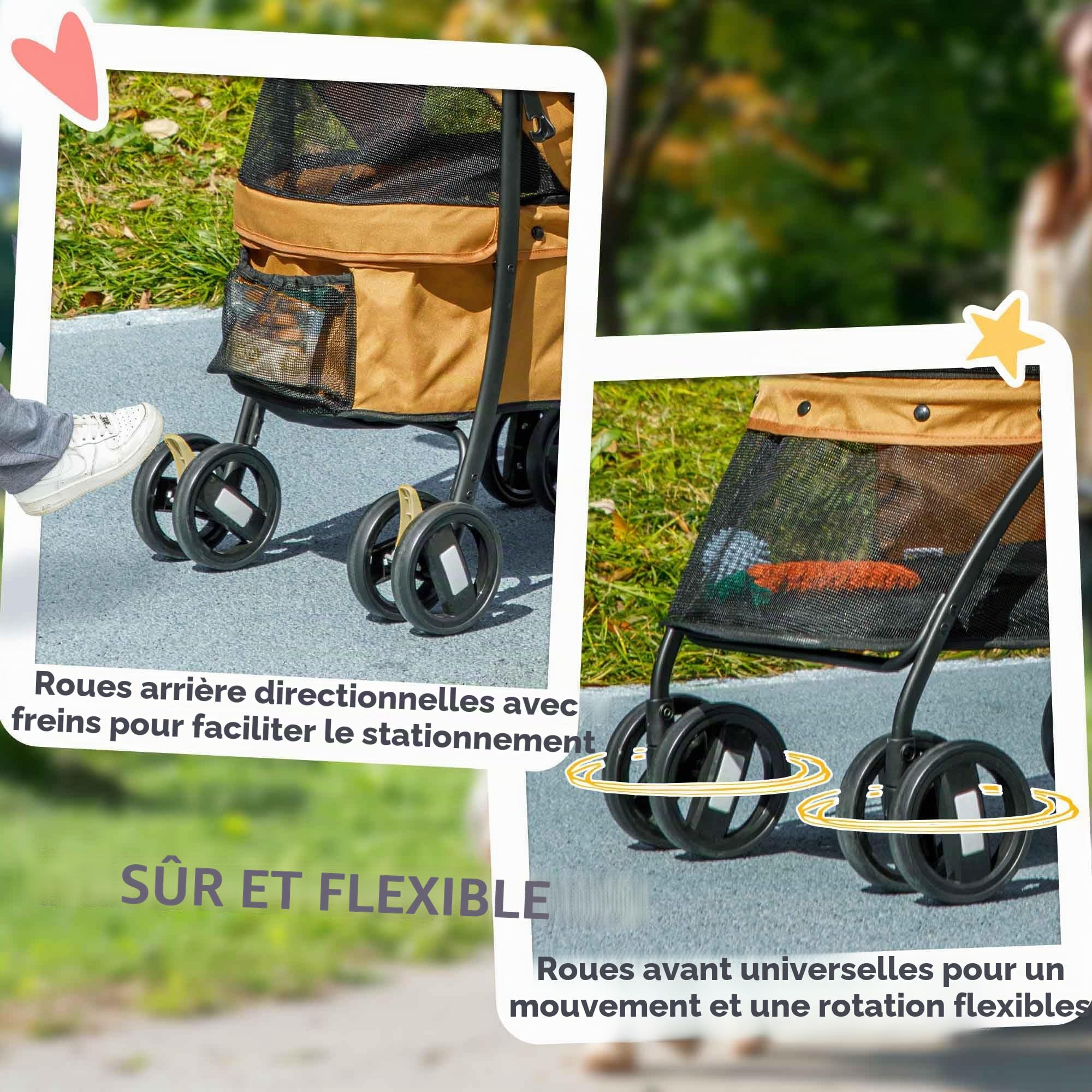 PawHut Poussette pliable pour chiens de petite taille avec fenêtres en maille, coussin lavable, sangles de sécurité et cadre en acier Charge 15 kg Café