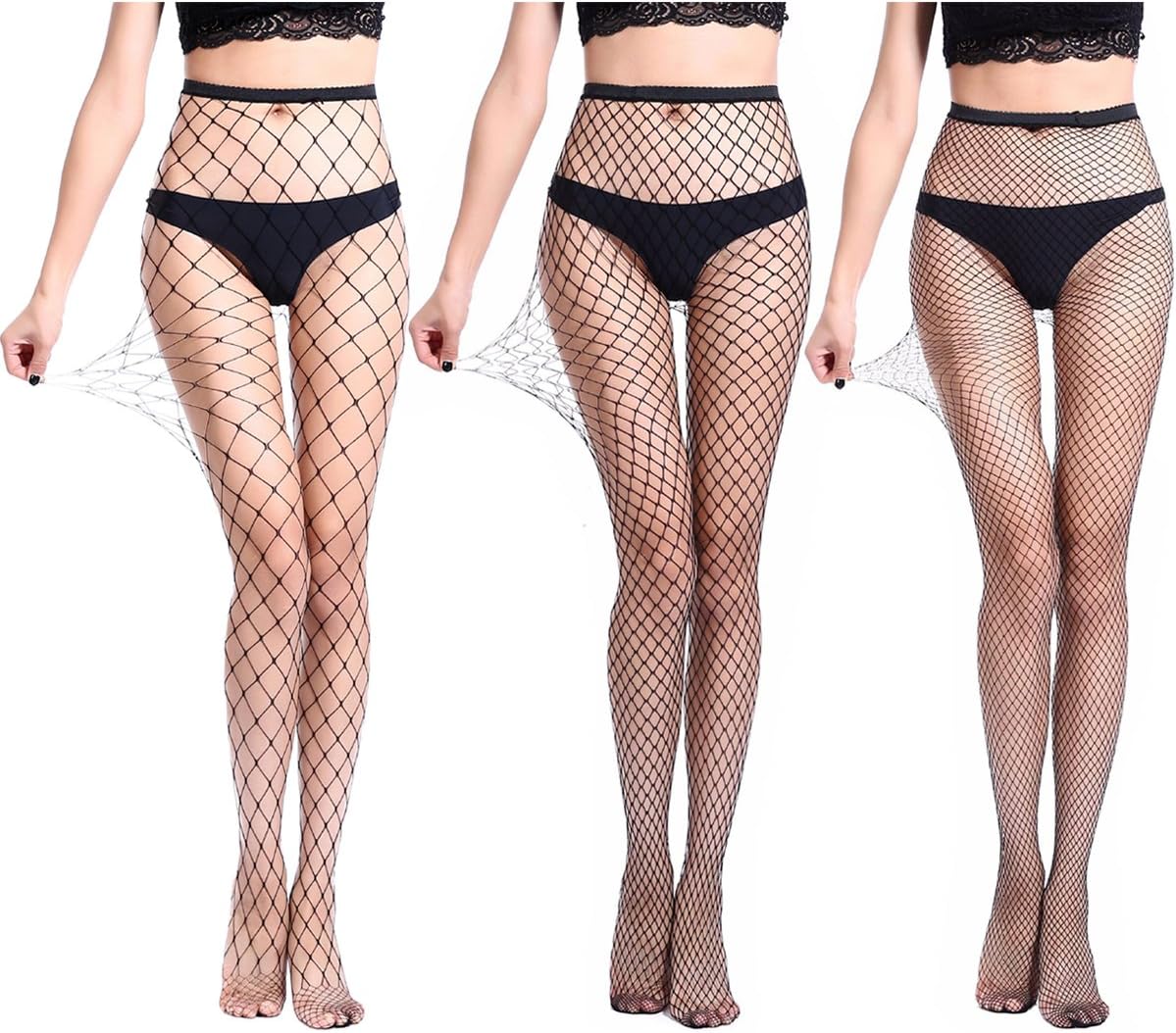 Ordenado 3 Pairs High Waist Tights Fishnet Stockings Thigh High Socks Mesh Net Pantyhose Black