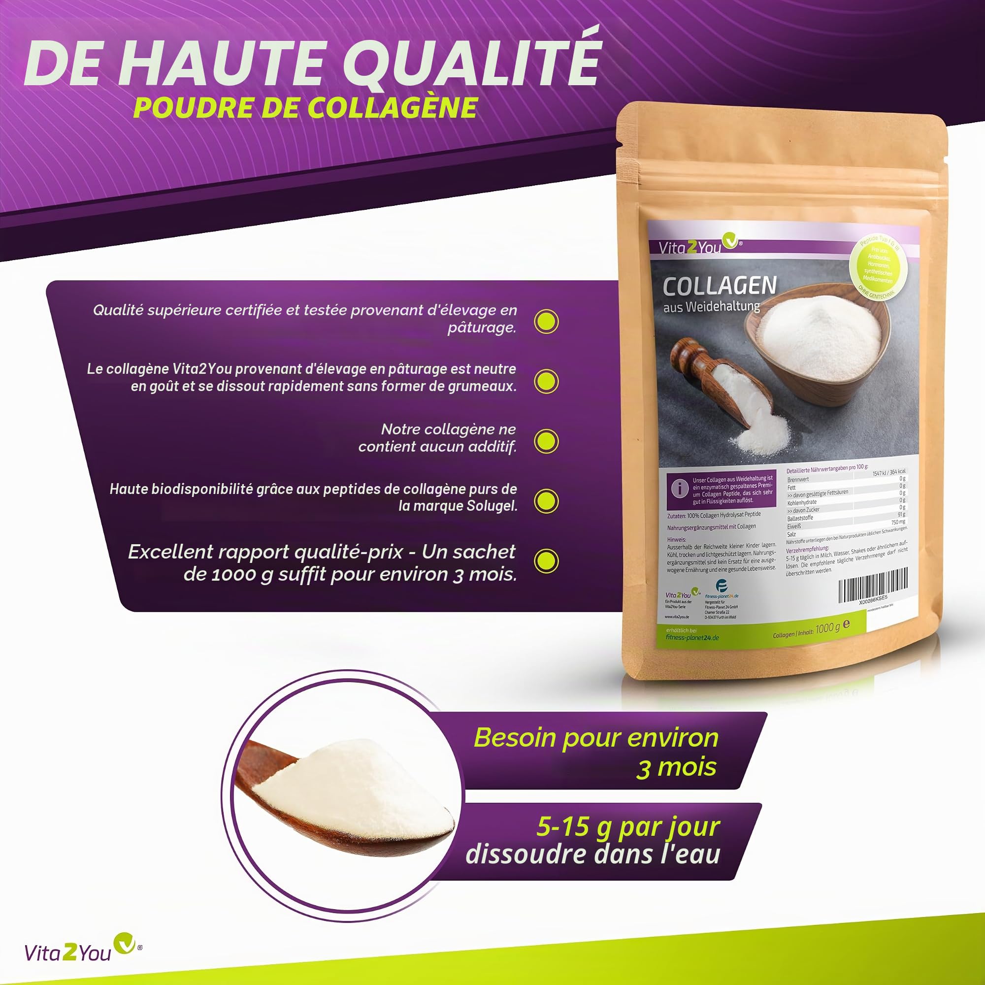 Vita2You Poudre de collagène 1 kg - Collagène bioactif - 100 % CollaSel Pro® - issu de l'élevage et de l'alimentation en herbe - Peptides hydrolysés de type 1 et 3 - Protéines - 1000 g - Qualité