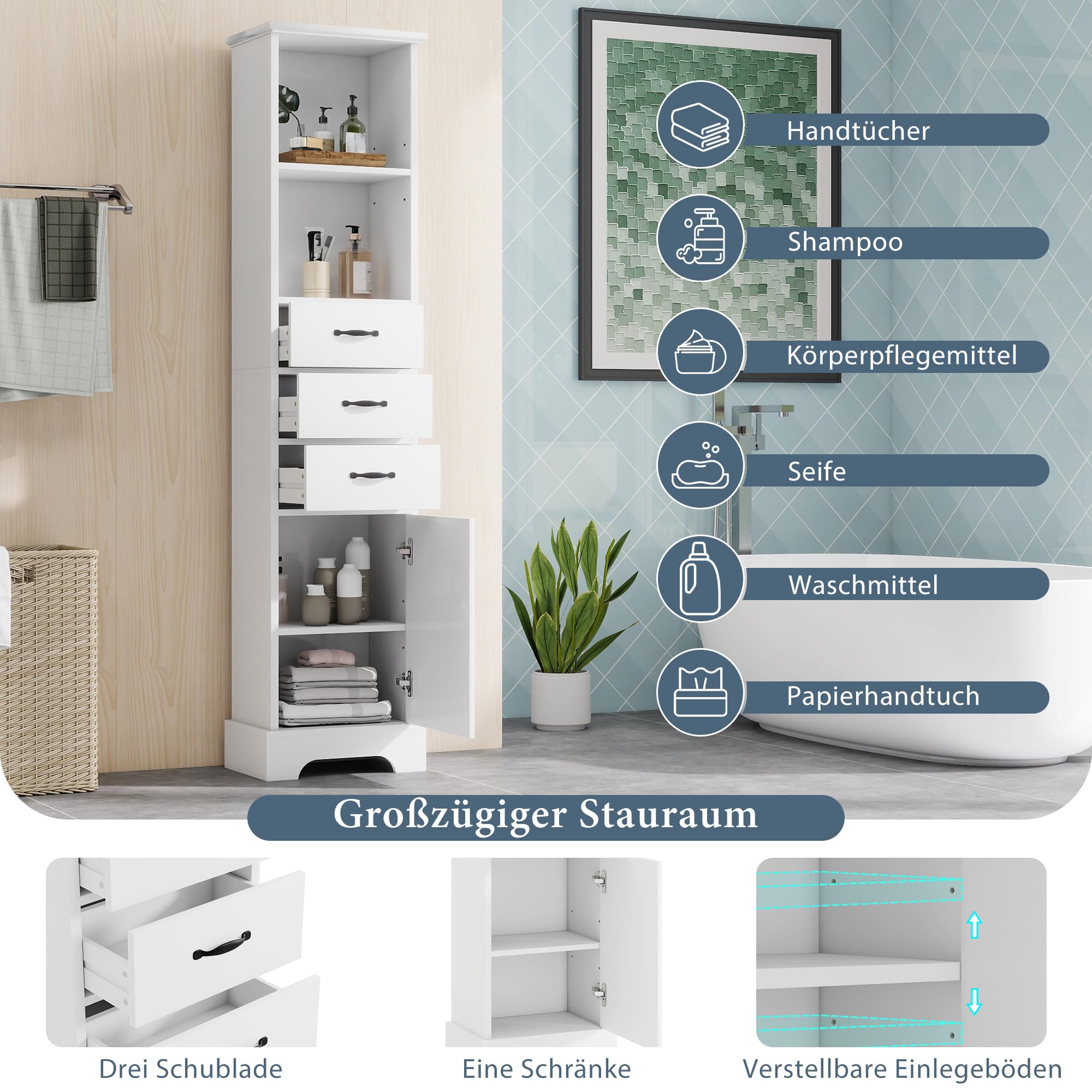 Armario alto de pie para el baño, lacado con compartimentos abiertos y cajones, armario lateral sobre pies altos como sistema de organización para el cuarto de baño que ahorra espacio