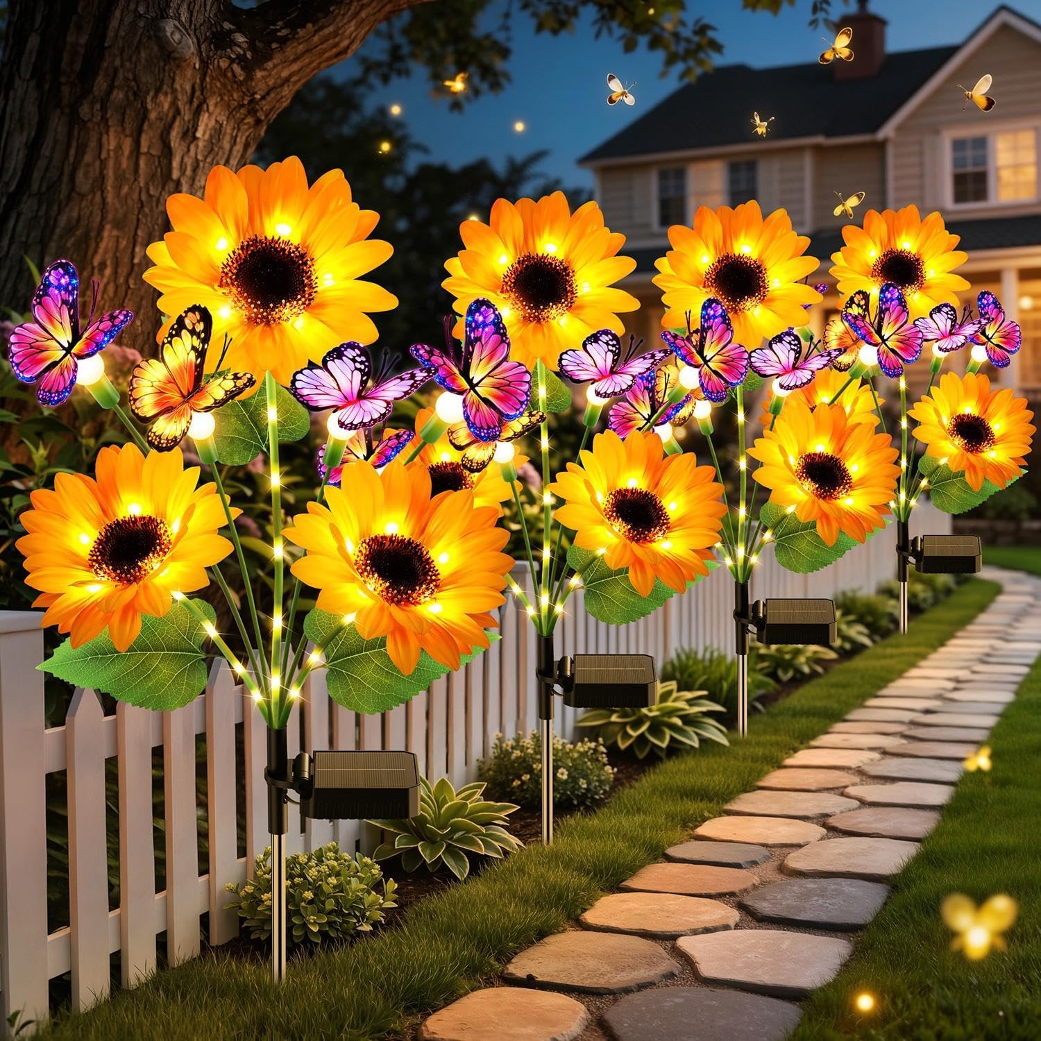KOOPER Solar Garden Lights Outdoor Decor, Upgraded 4 Pack Solar Sunflower Lights with 16 Butterflies, Solar Flowers Outdoor Waterproof for Yard Lawn Garden Decor, Sunflower Gifts for Mom Women Grandma