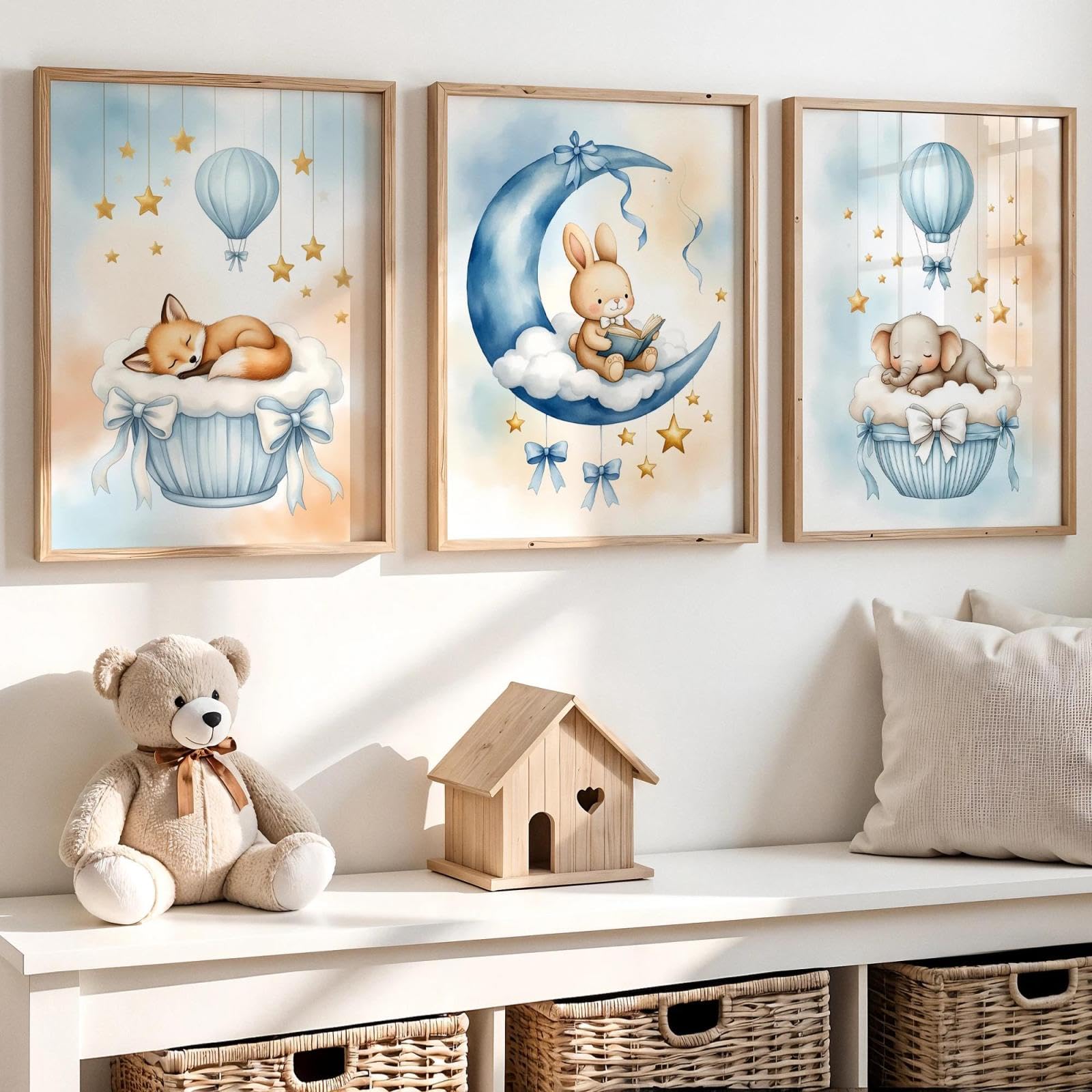 Baibexing Cartoon Blue Watercolor Rabbit Elephant Wall Art Print Canvas Painting Poster Picture For Kids Room Girl'S Room Home Decor 40X60Cmx3Pcs Unframed