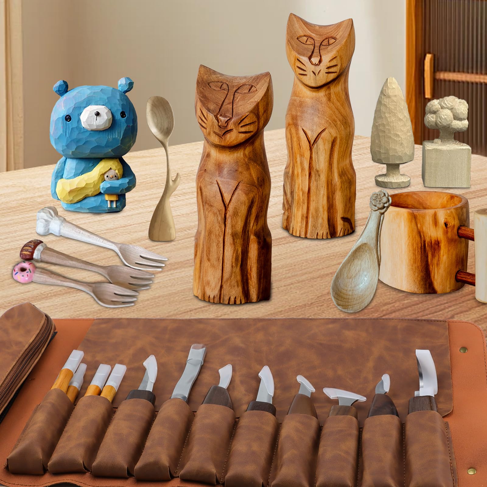 Qingning Kit de Sculpture sur Bois-17pcs, Kit D'outils de Sculpture sur Bois avec Étui en Cuir, Set de Couteaux de Sculpture sur Bois,DIY Kit de Couteaux pour Sculpter pour Débutants et Professionnel