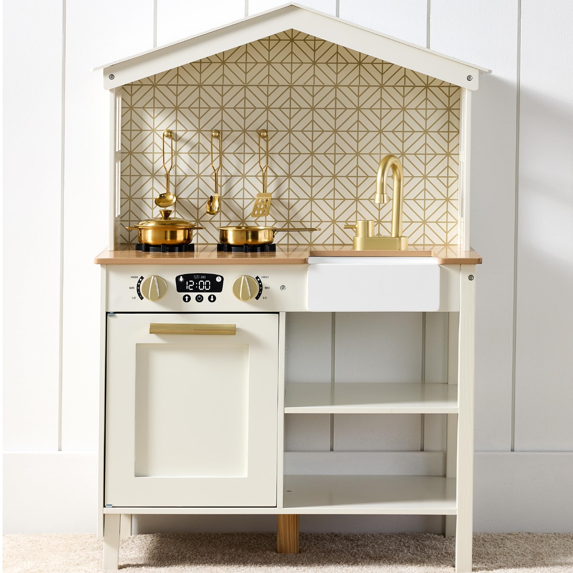 Best Choice Products Pretend Play Wooden Farmhouse Kitchen Set for Kids w/ Toy Storage, Clicking Knobs, Windows, 5 Accessories Included - Cream