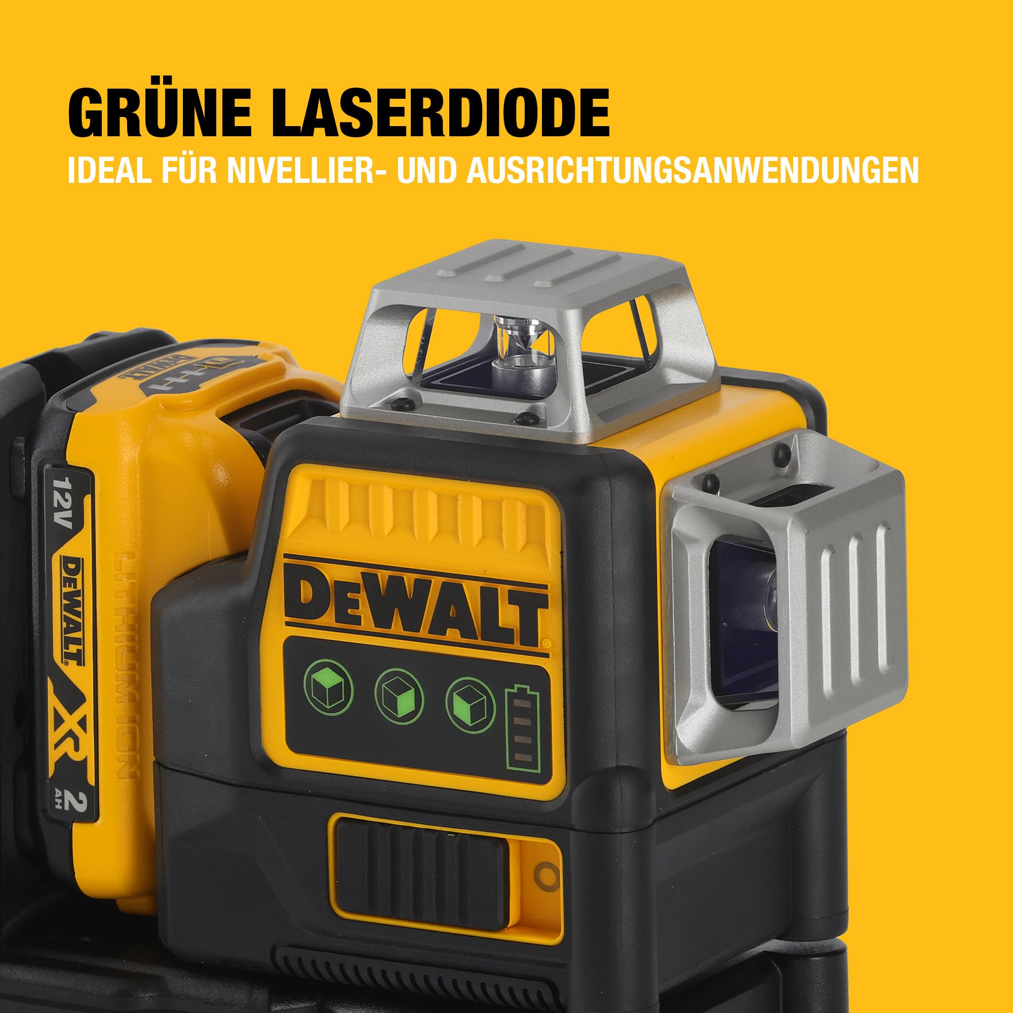 DEWALT XR 3 x 360° Akku-Multilinien-Laser grün (Selbstnivellierender Laser, mit Pulsmodus für Empfängereinsatz, Schutzklasse IP65, inkl. 12 Volt 2 Ah Akku und Ladegerät), DCE089D1G-QW