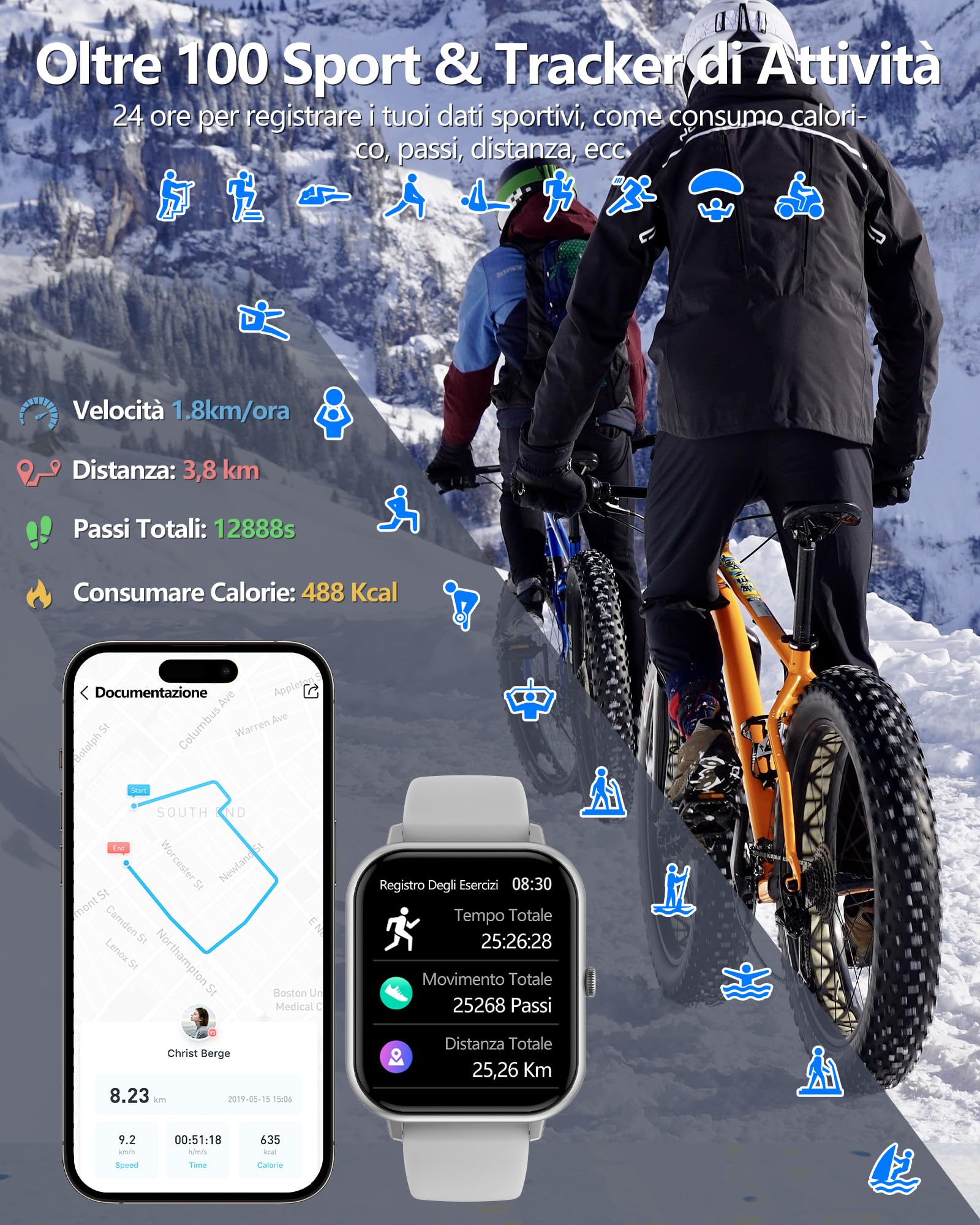 Smartwatch Donna Uomo,1.83" Orologio Smartwatch con Effettua/Risposta Chiamate， Sonno/SpO2/Cardiofrequenzimetro/Contapassi, 110+ Modalità Sportive, IP68 Impermeabile Fitness Tracker per iPhone&Android
