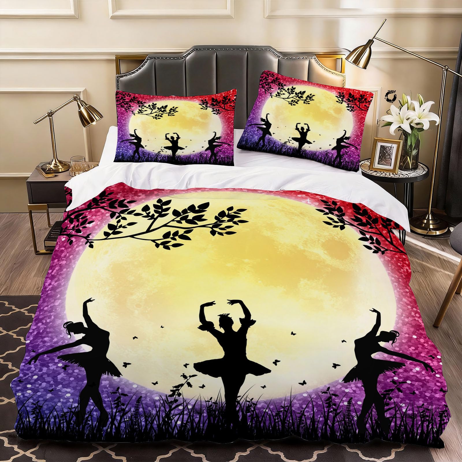 3D Princess Ballet Duvet Cover Silhouette Bedding Double Bed Set, Soft Microfiber Comforter Cover Printed with Zipper Closure Quilt Coverr 200x200 cm and 2 Pillowcases