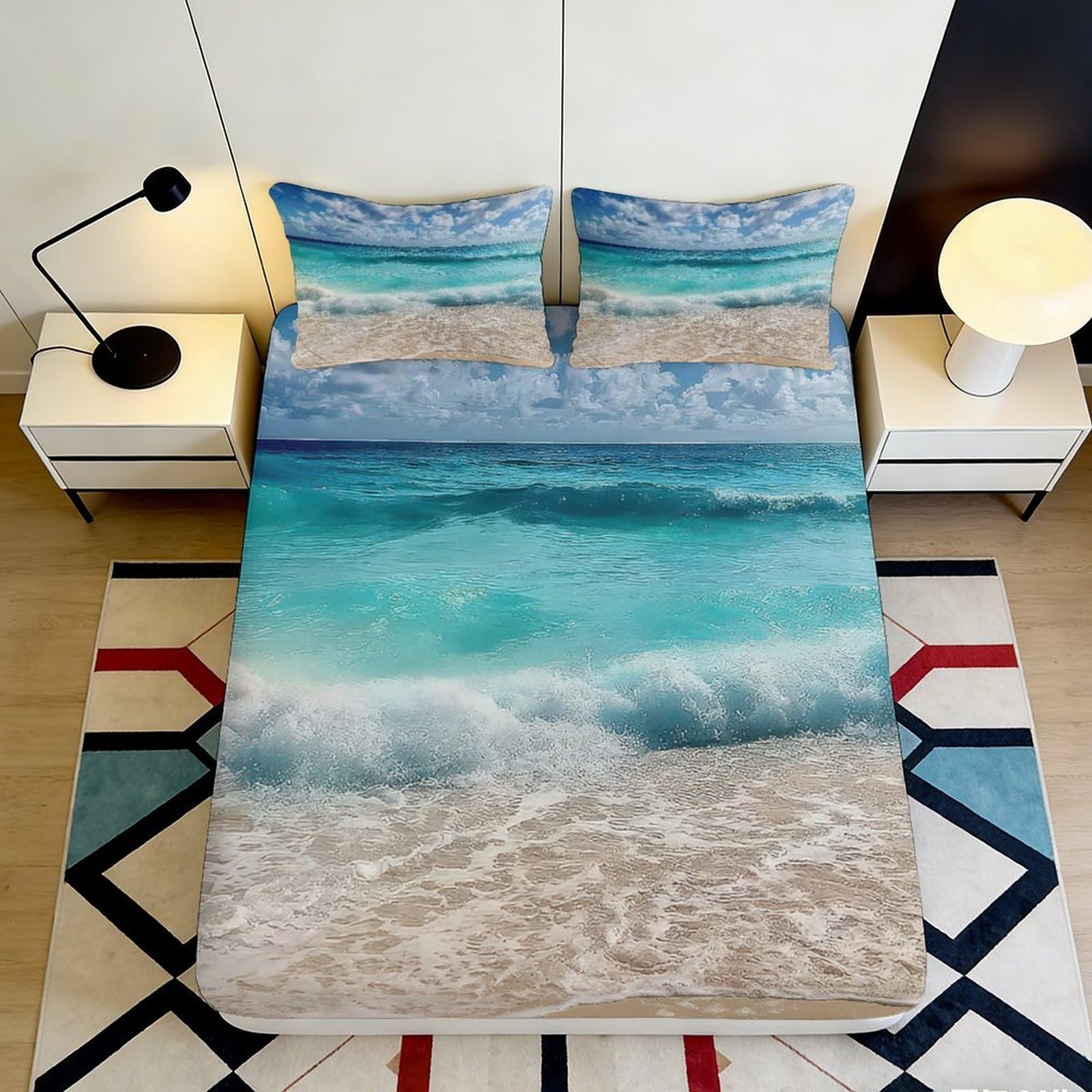 3D Printed Ocean Wave Fitted Sheet Microfiber Soft Beach Shore Mattress Cover for Bedroom Guest Room Decor 90x200x25cm