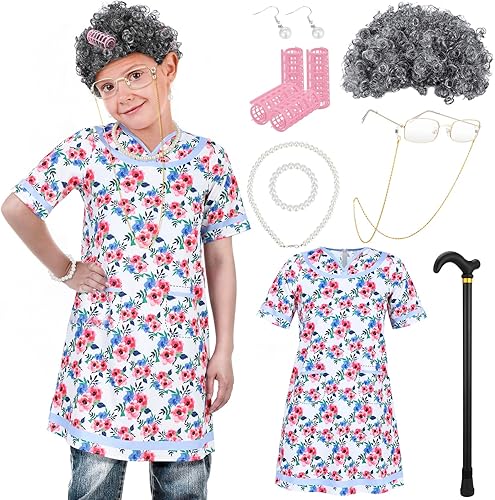 Yaomiao 8 piezas de disfraz de anciana para niña del 100 día de escuela, cosplay, peluca de abuelita, gafas, collar de perlas, pulsera, Halloween,