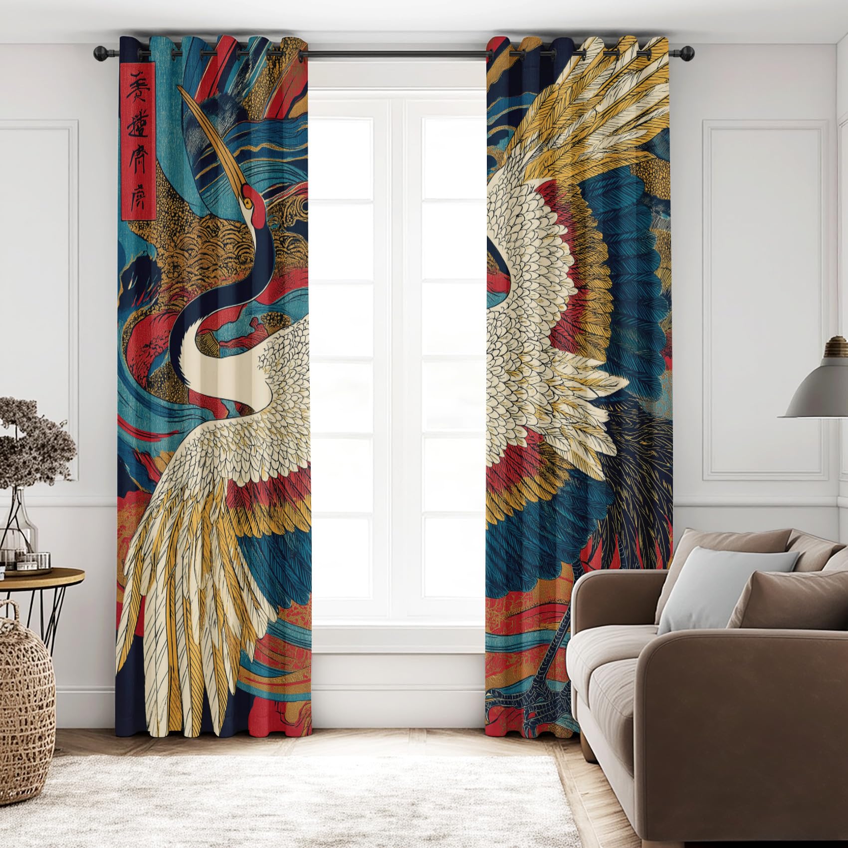 Rideau Occultant Japonais, Rideaux Motif Oiseau, pour Salon et Chambre, Rideau Opaque à Oeillets, Oriental Isolant Thermique Lot de 2 Rideaux et Draperies Intérieur 140x240cm LxH -Blanc