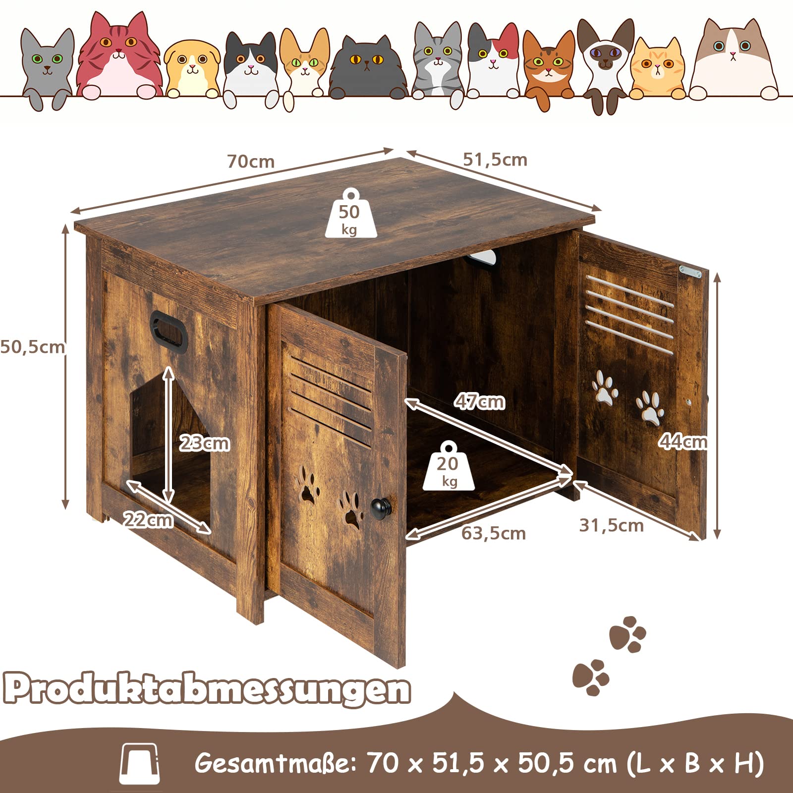 GOPLUS Katzenschrank, Katzentoilette mit seitlichem Eingang, 2 Türen, 2 in 1 Katzenhaus und Couchtisch, Katzenmöbel Industrial-Still für den Innenbereich, für Katzen jeder Größe