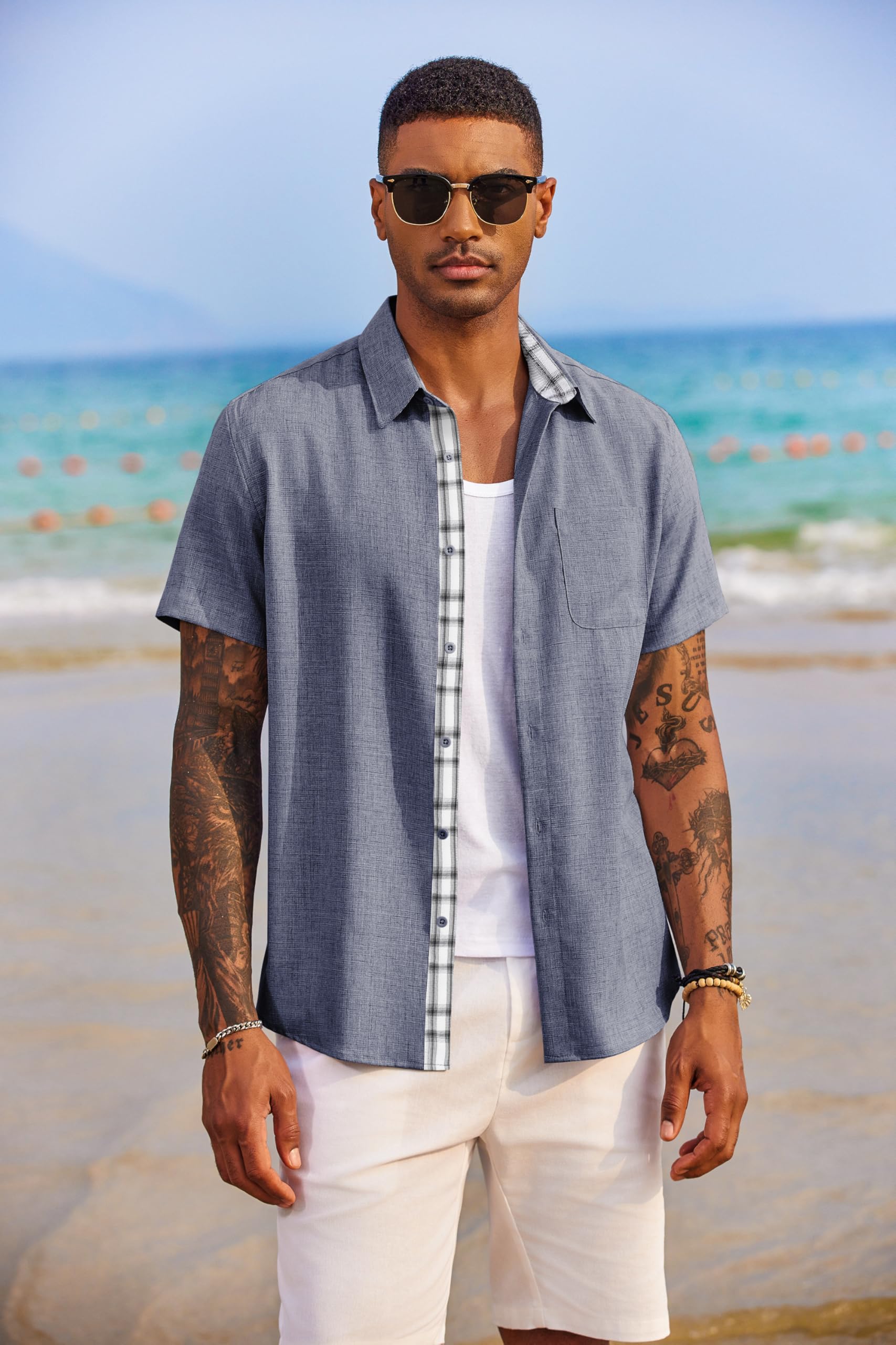 COOFANDY Camisa Hombre Manga Corta Regular Fit Verano Casual Ligera para Playa Vacaciones con Bolsillo